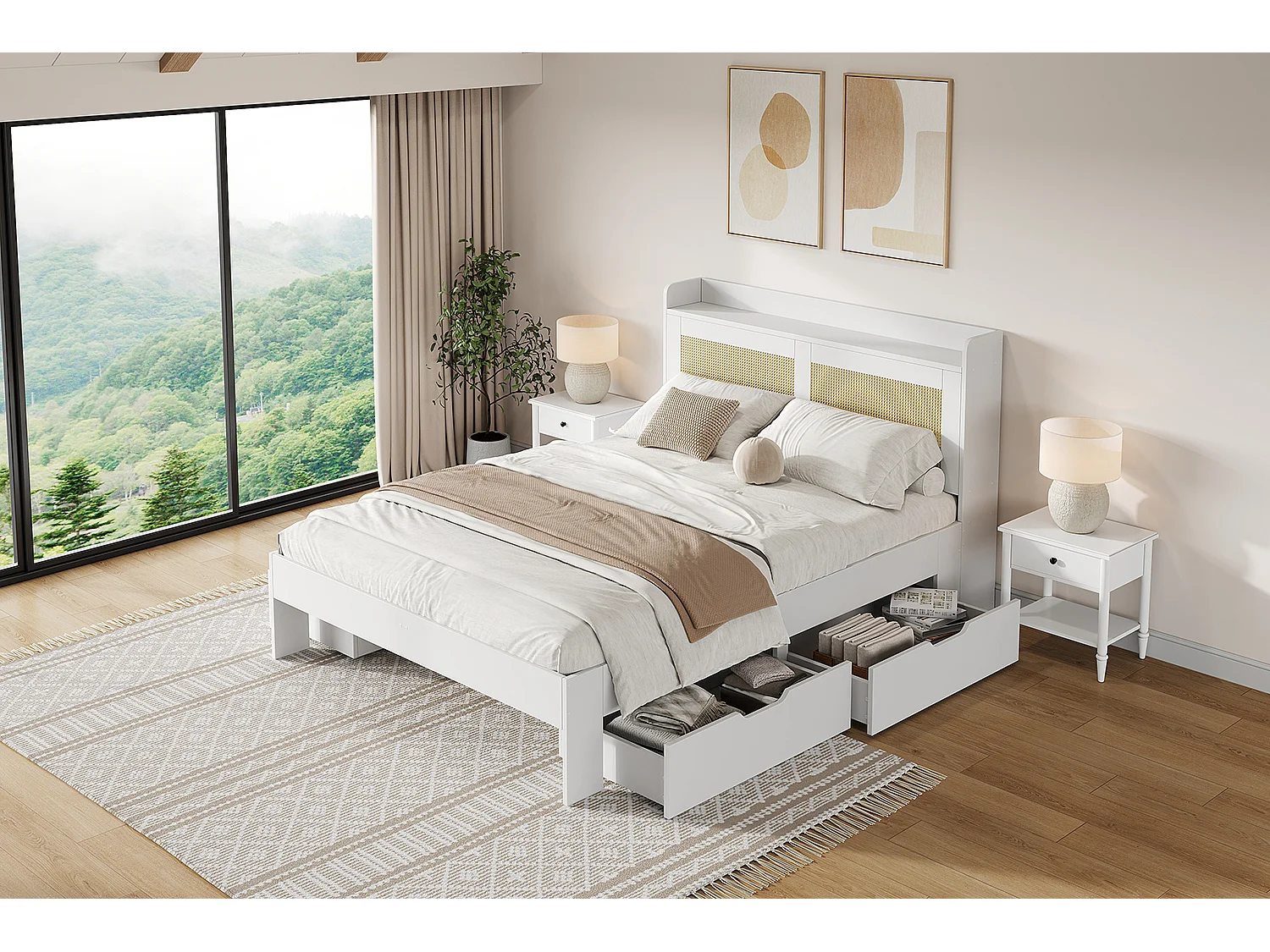 Lit double 140 x 200 cm - avec 4 tiroirs - décoration en rotin- MDF - Blanc (matelas non inclus)
