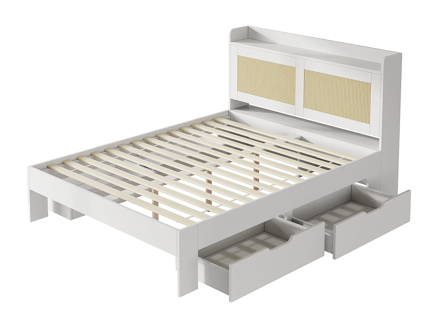 Lit double 140 x 200 cm - avec 4 tiroirs - décoration en rotin- MDF - Blanc (matelas non inclus)