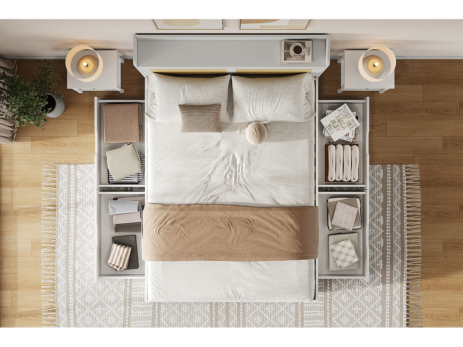 Lit double 140 x 200 cm - avec 4 tiroirs - décoration en rotin- MDF - Blanc (matelas non inclus)