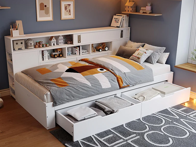 Tagesbett 140x200 cm - mit 2 Schubladen - mit Regalen und Schrankfächern - MDF - Weiß (ohne Matratze)