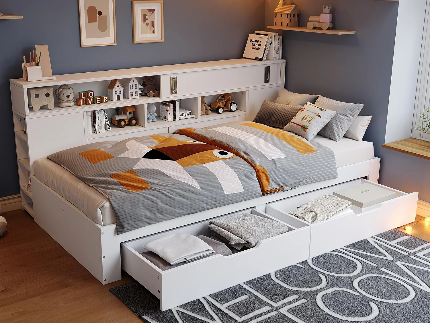 Lit banquette 140x200 cm - avec 2 tiroirs - avec étagères et armoires de rangement - MDF - Blanc(sans matelas)