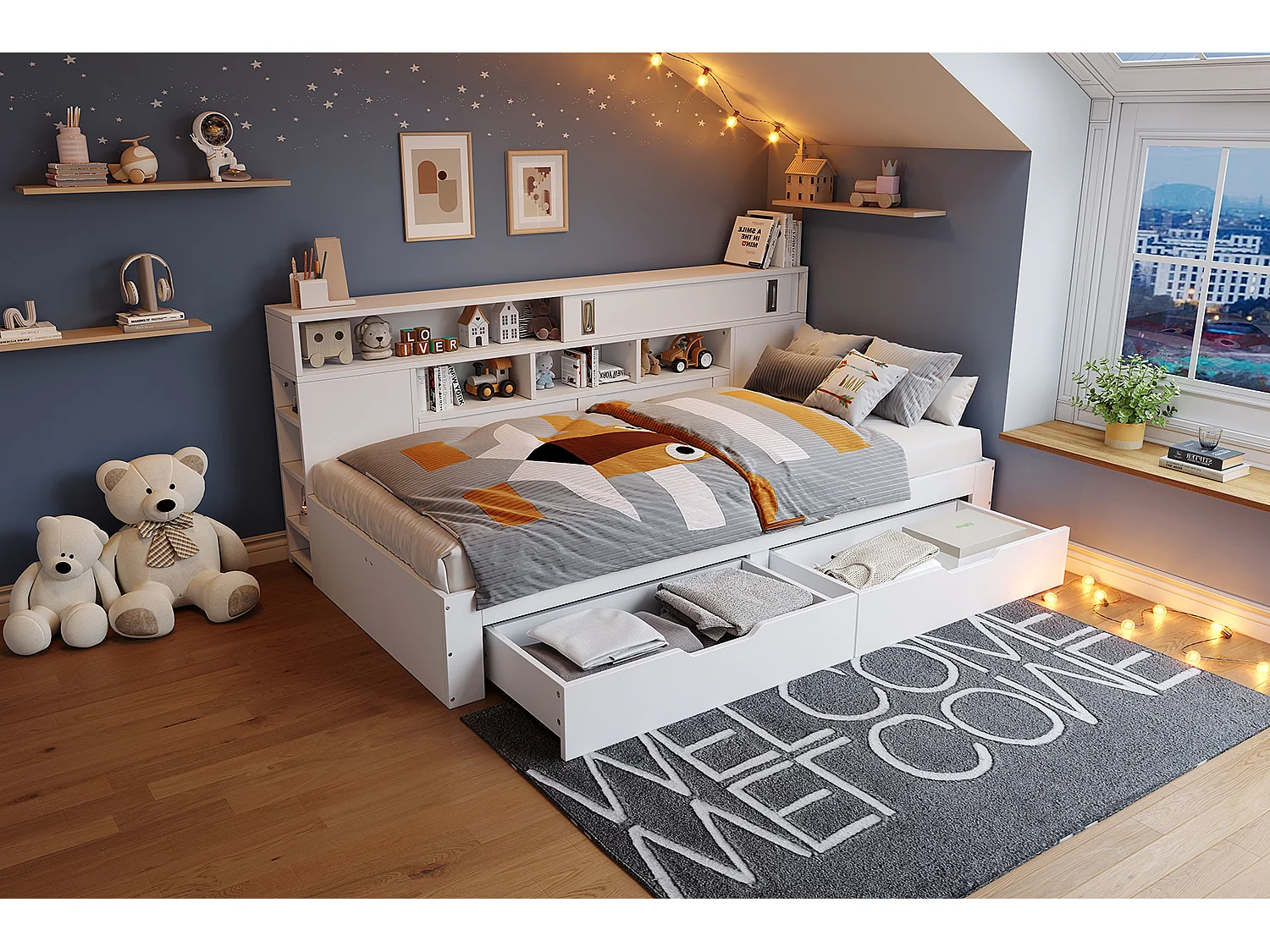 Lit banquette 140x200 cm - avec 2 tiroirs - avec étagères et armoires de rangement - MDF - Blanc(sans matelas)