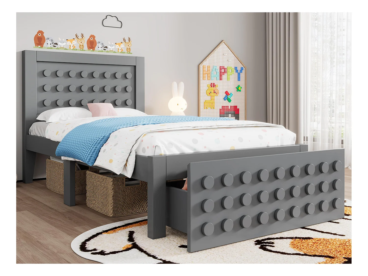 Lit enfant 90x200 cm - avec tiroirs et rangement sous le lit - avec sommier à lattes - MDF - Gris(sans matelas)