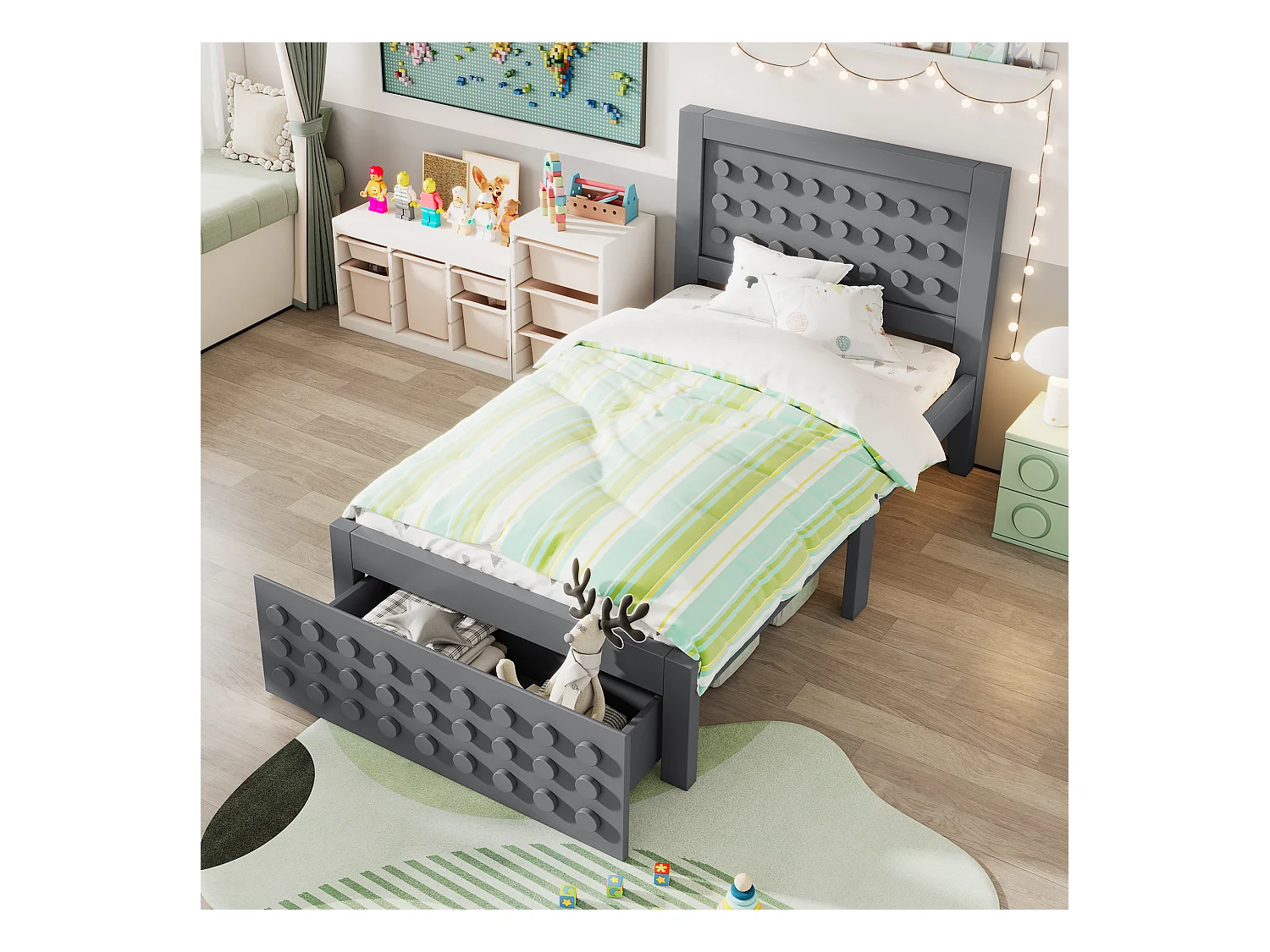 Lit enfant 90x200 cm - avec tiroirs et rangement sous le lit - avec sommier à lattes - MDF - Gris(sans matelas)