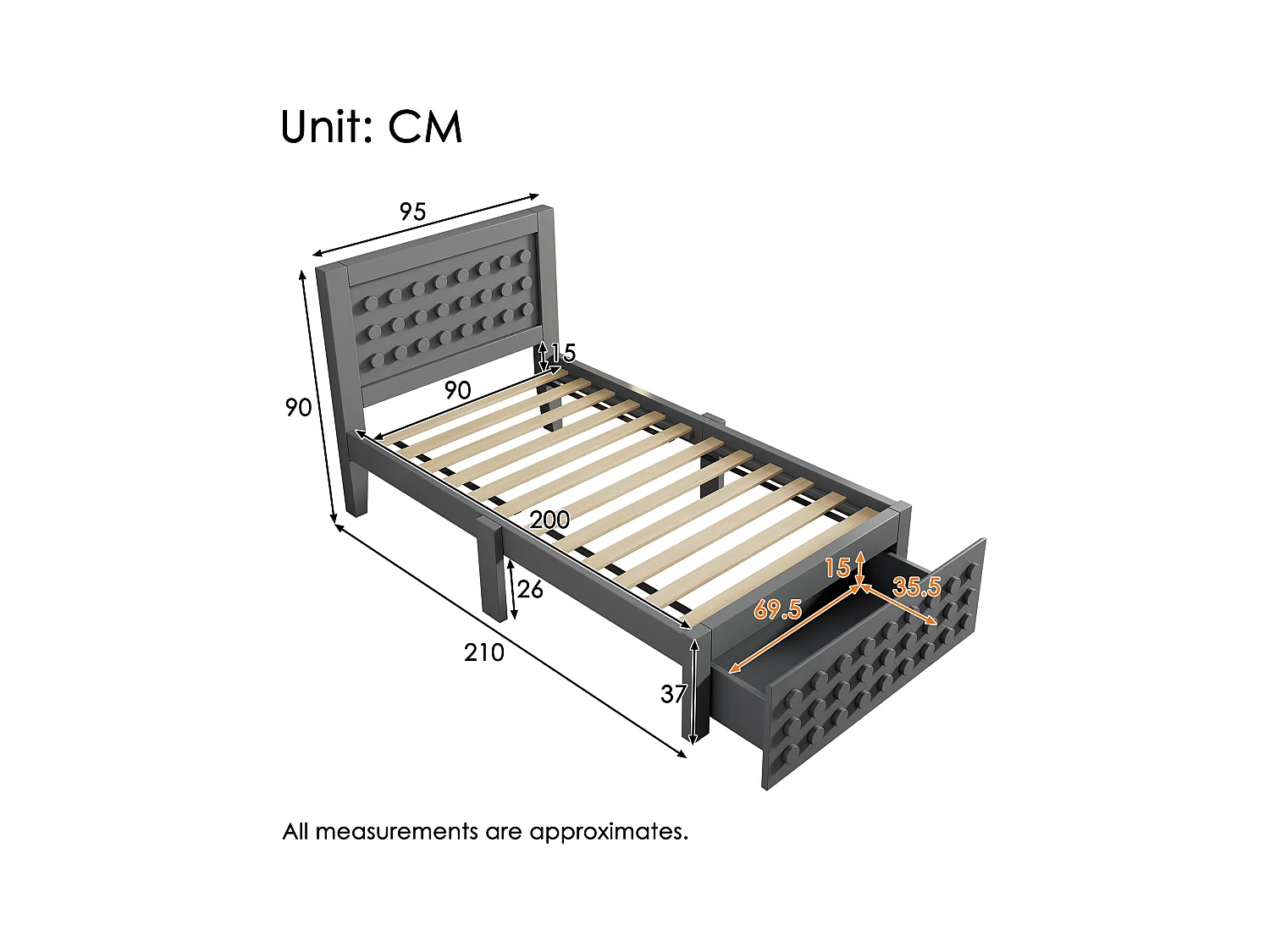 Lit enfant 90x200 cm - avec tiroirs et rangement sous le lit - avec sommier à lattes - MDF - Gris(sans matelas)