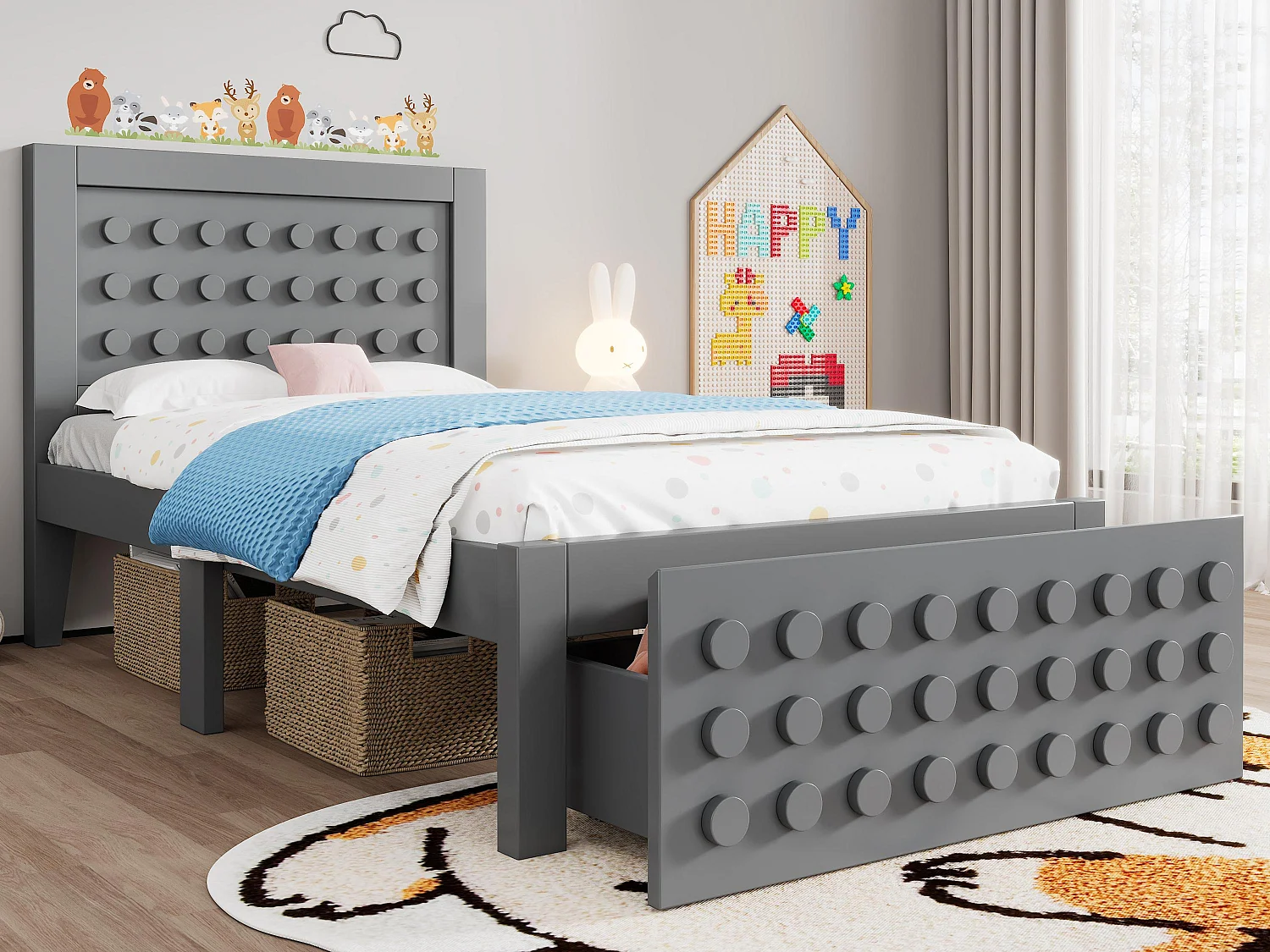 Cama infantil 90x200 cm - con cajones y almacenamiento bajo la cama - con somier de láminas - MDF - Gris (sin colchón)