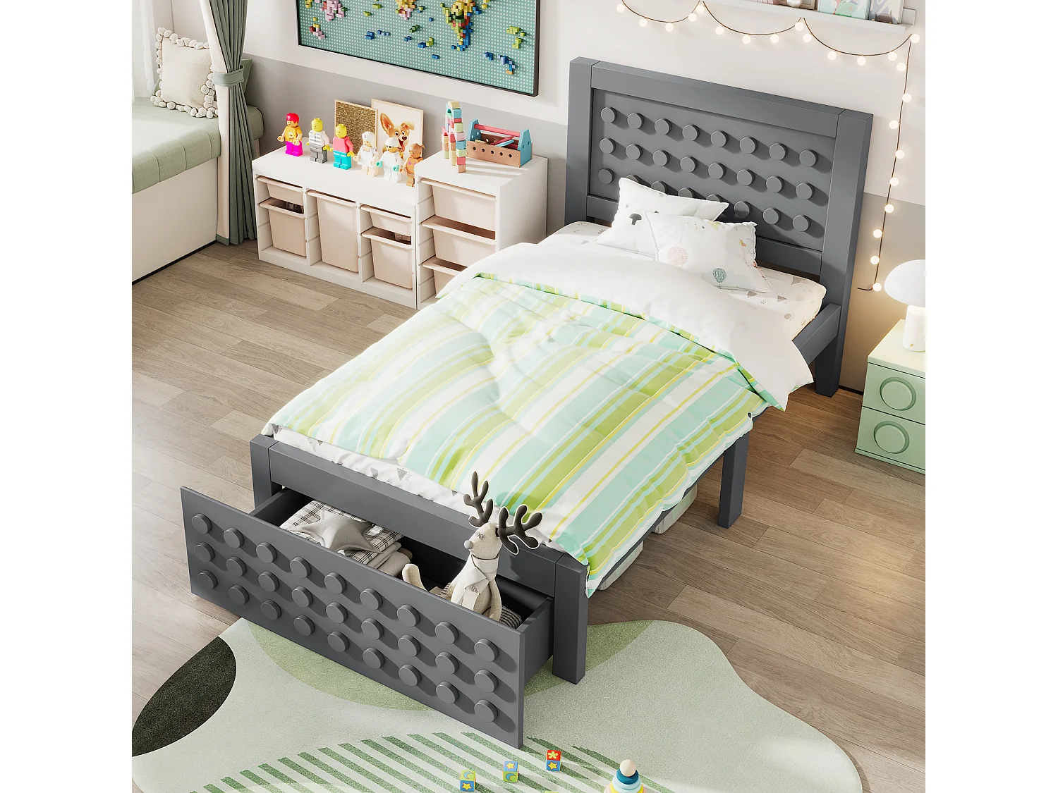 Cama infantil 90x200 cm - con cajones y almacenamiento bajo la cama - con somier de láminas - MDF - Gris (sin colchón)