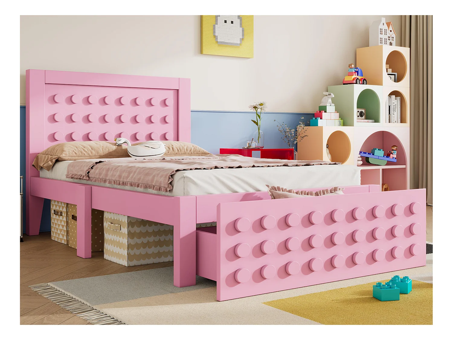 Lit enfant 90x200 cm - avec tiroirs et rangement sous le lit - avec sommier à lattes - MDF - Rose(sans matelas)