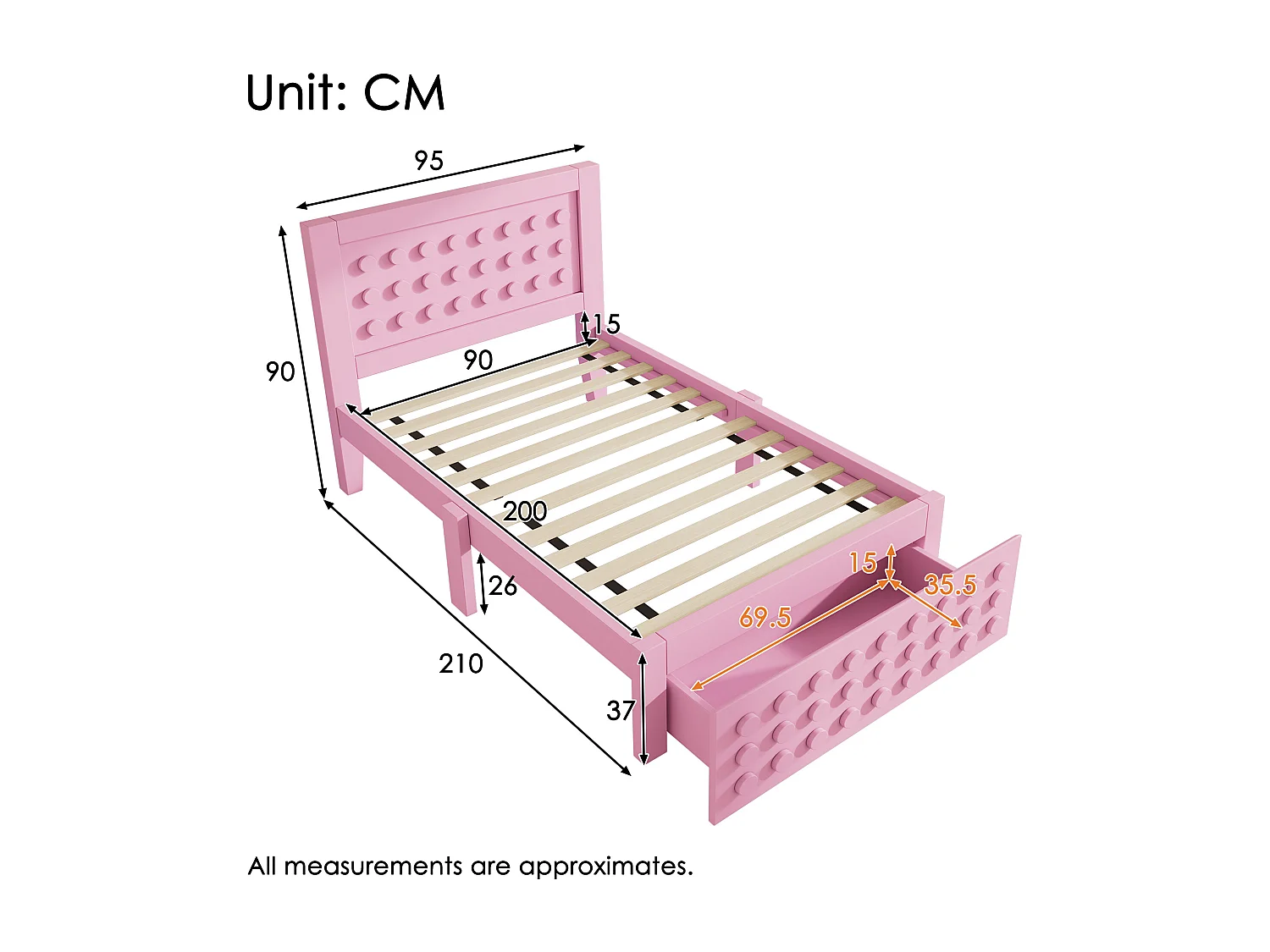 Cama infantil 90x200 cm - con cajones y almacenamiento bajo la cama - con somier de láminas - MDF - Rosa (sin colchón)