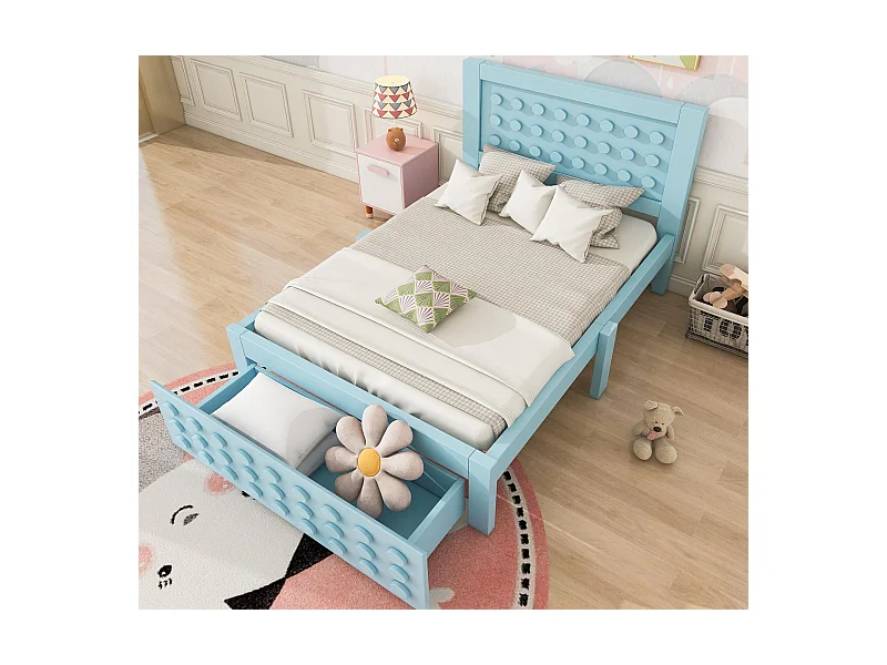 Kinderbett 90x200 cm - mit Schubladen und Stauraum unter dem Bett - mit Lattenrost - MDF - Blau (ohne Matratze)