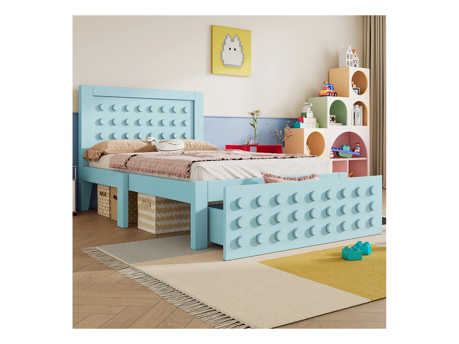 Lit enfant 90x200 cm - avec tiroirs et rangement sous le lit - avec sommier à lattes - MDF - Bleu(sans matelas)