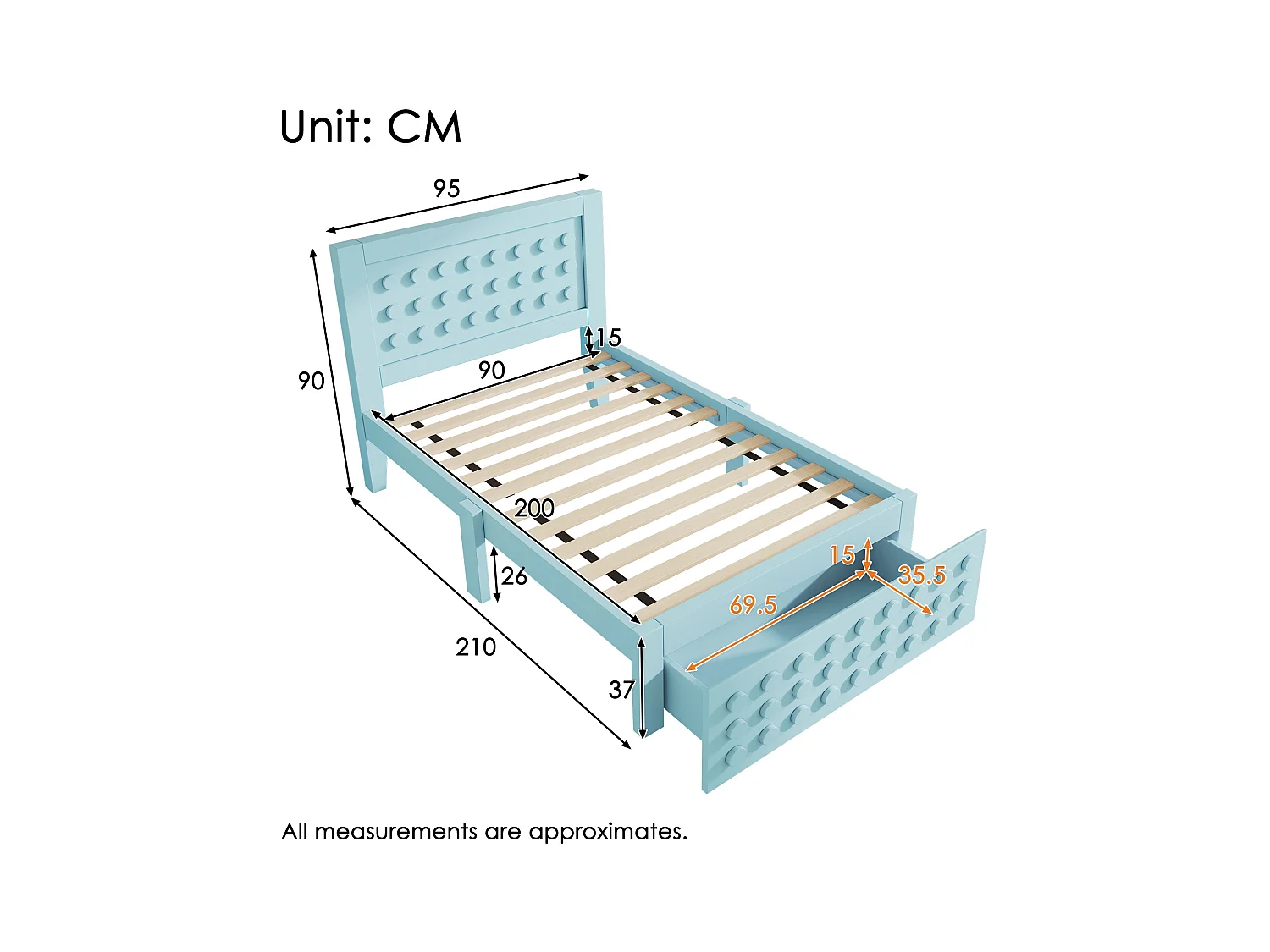 Lit enfant 90x200 cm - avec tiroirs et rangement sous le lit - avec sommier à lattes - MDF - Bleu(sans matelas)