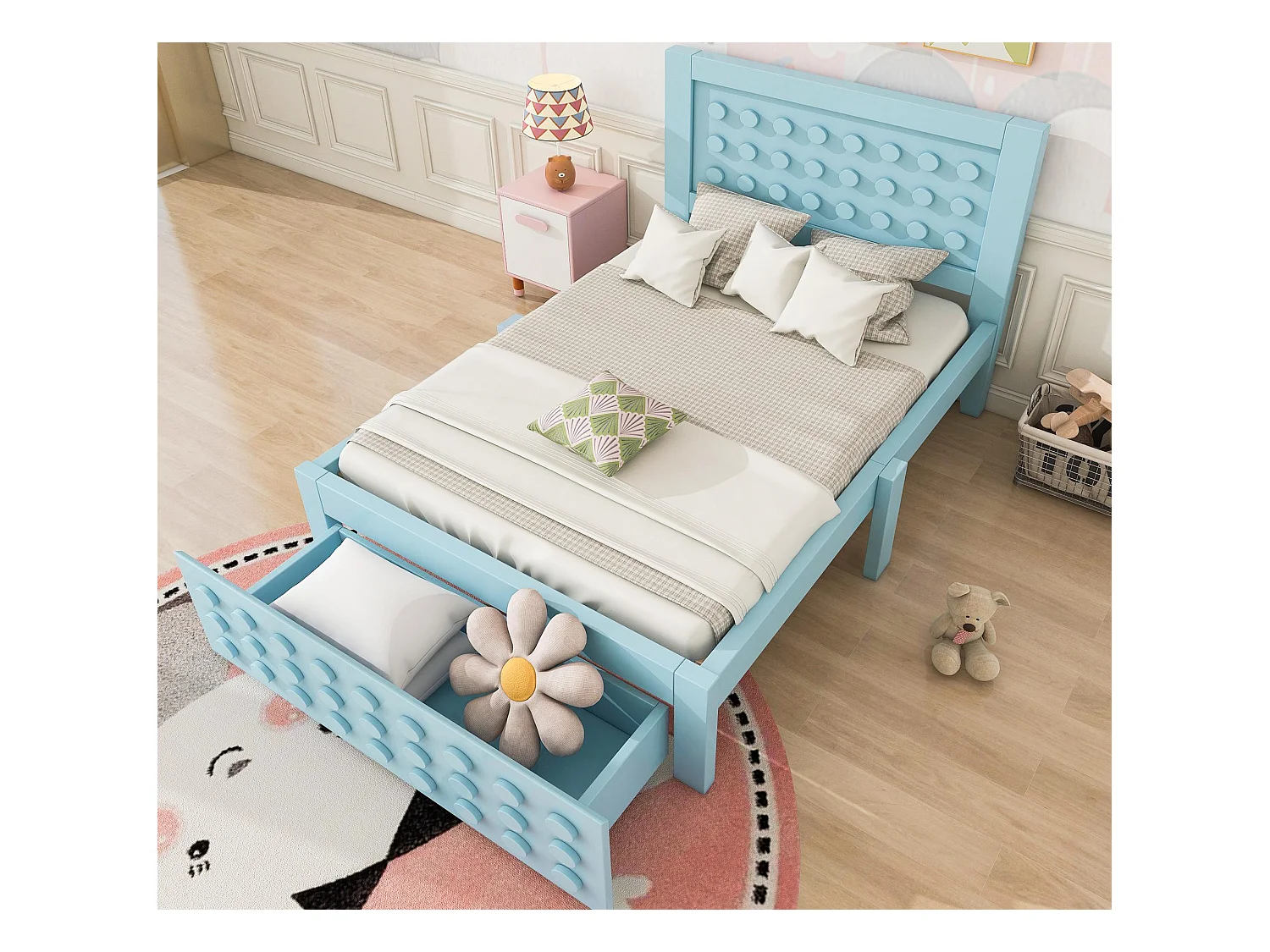 Lit enfant 90x200 cm - avec tiroirs et rangement sous le lit - avec sommier à lattes - MDF - Bleu(sans matelas)