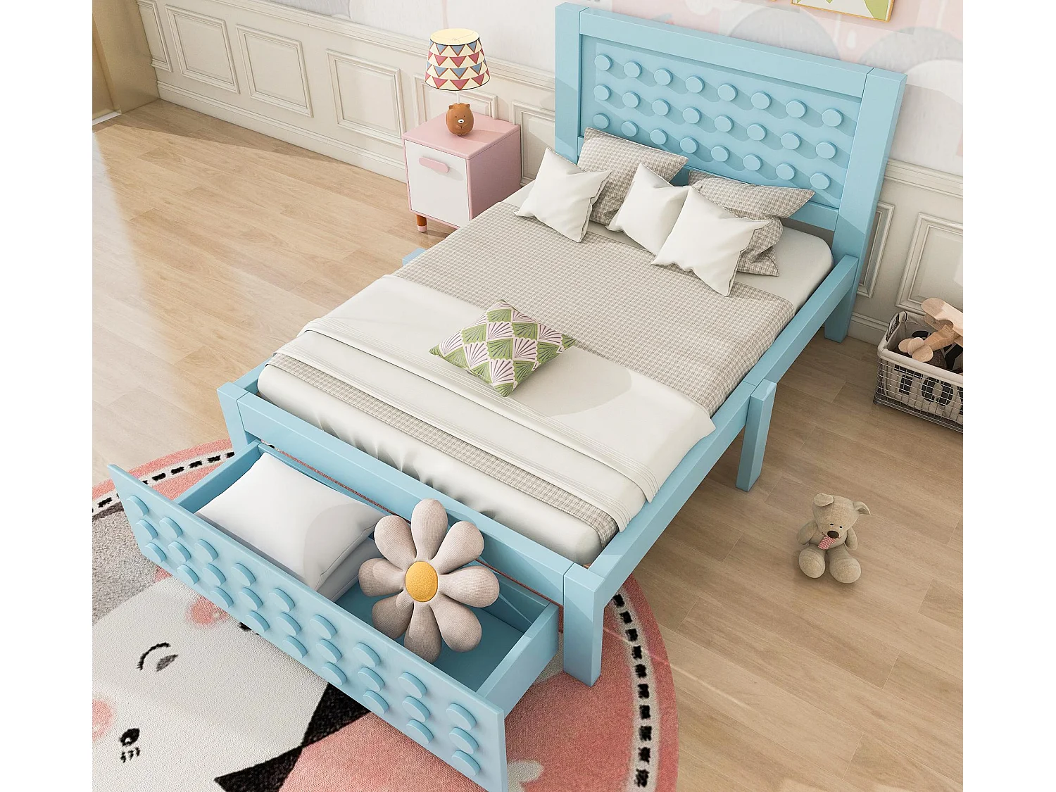 Cama infantil 90x200 cm - con cajones y almacenamiento bajo la cama - con somier de láminas - MDF - Azul (sin colchón)