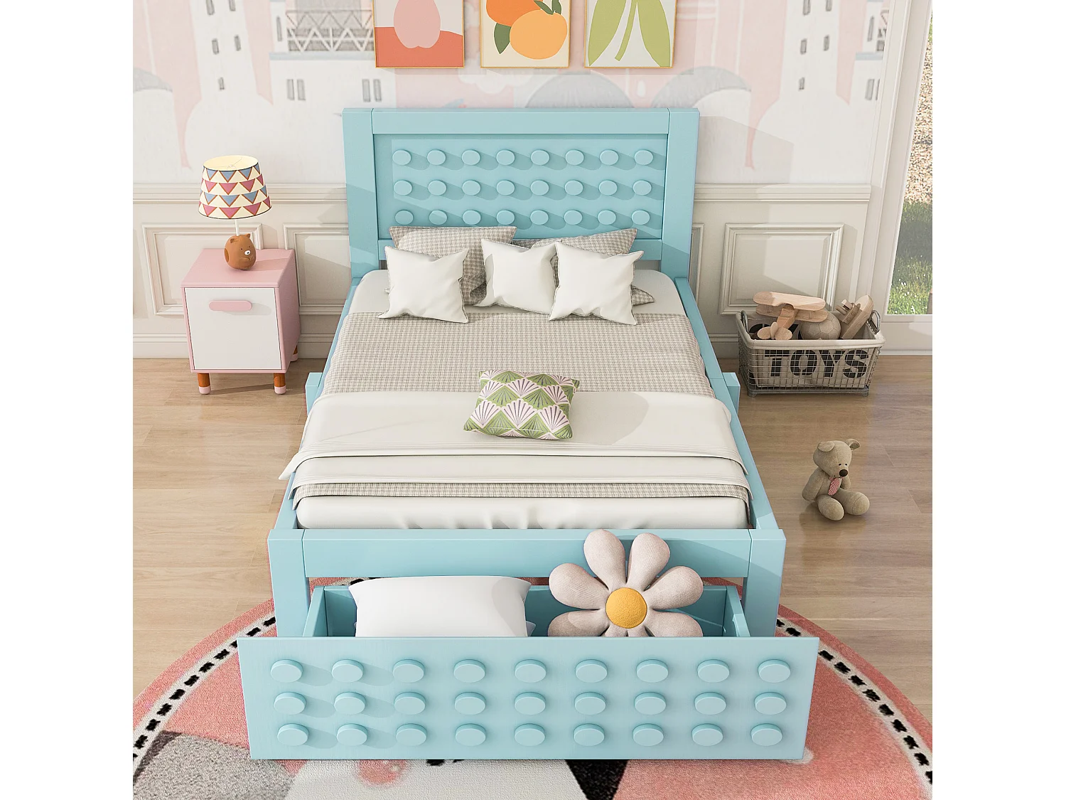 Cama infantil 90x200 cm - con cajones y almacenamiento bajo la cama - con somier de láminas - MDF - Azul (sin colchón)