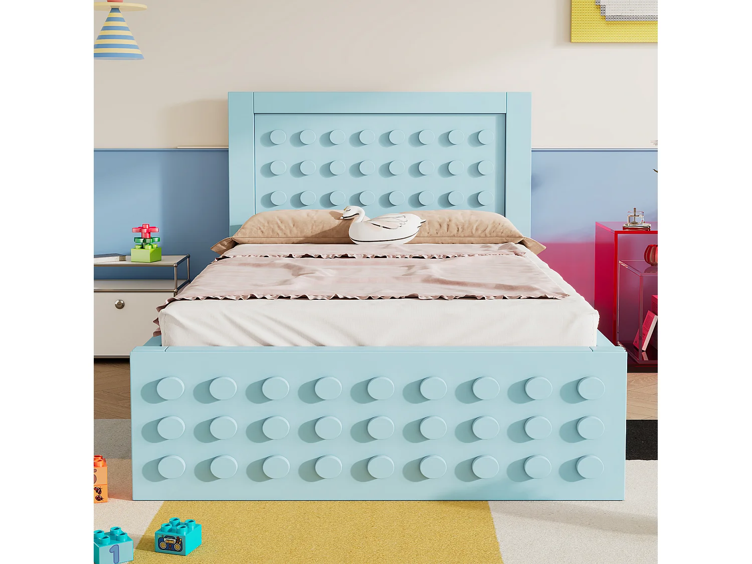 Cama infantil 90x200 cm - con cajones y almacenamiento bajo la cama - con somier de láminas - MDF - Azul (sin colchón)