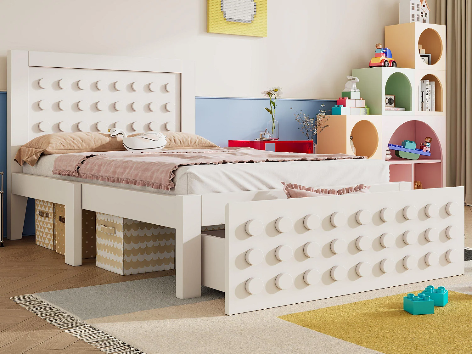 Lit enfant 90x200 cm - avec tiroirs et rangement sous le lit - avec sommier à lattes - MDF - Blanc(sans matelas)