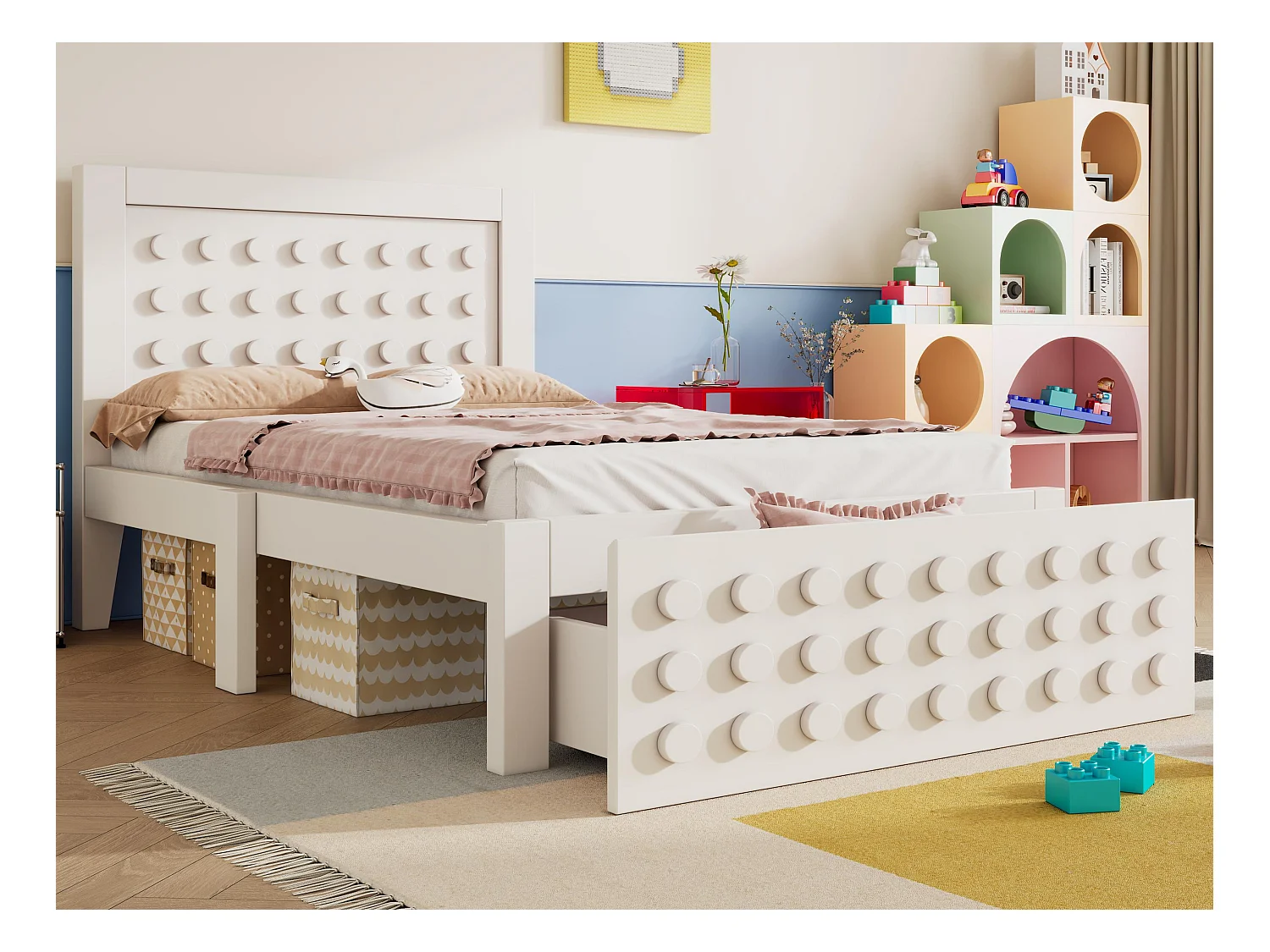 Lit enfant 90x200 cm - avec tiroirs et rangement sous le lit - avec sommier à lattes - MDF - Blanc(sans matelas)