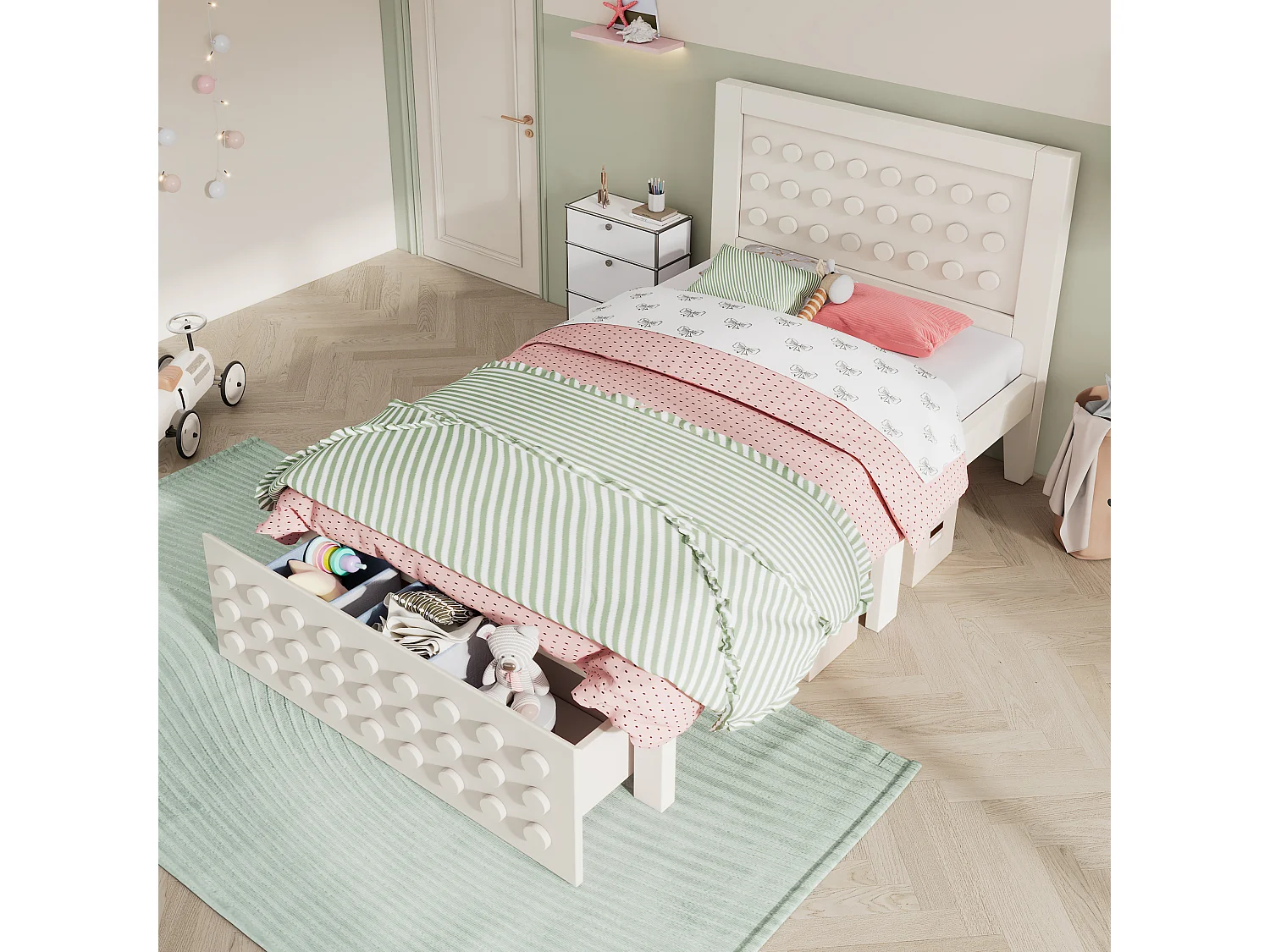 Cama infantil 90x200 cm - con cajones y almacenamiento bajo la cama - con somier de láminas - MDF - Blanco (sin colchón)