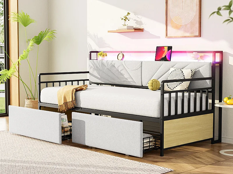 Sofá-cama em ferro forjado 90×200 cm - com iluminação LED - com 2 gavetas + tomada multifunção - bege (sem colchão)