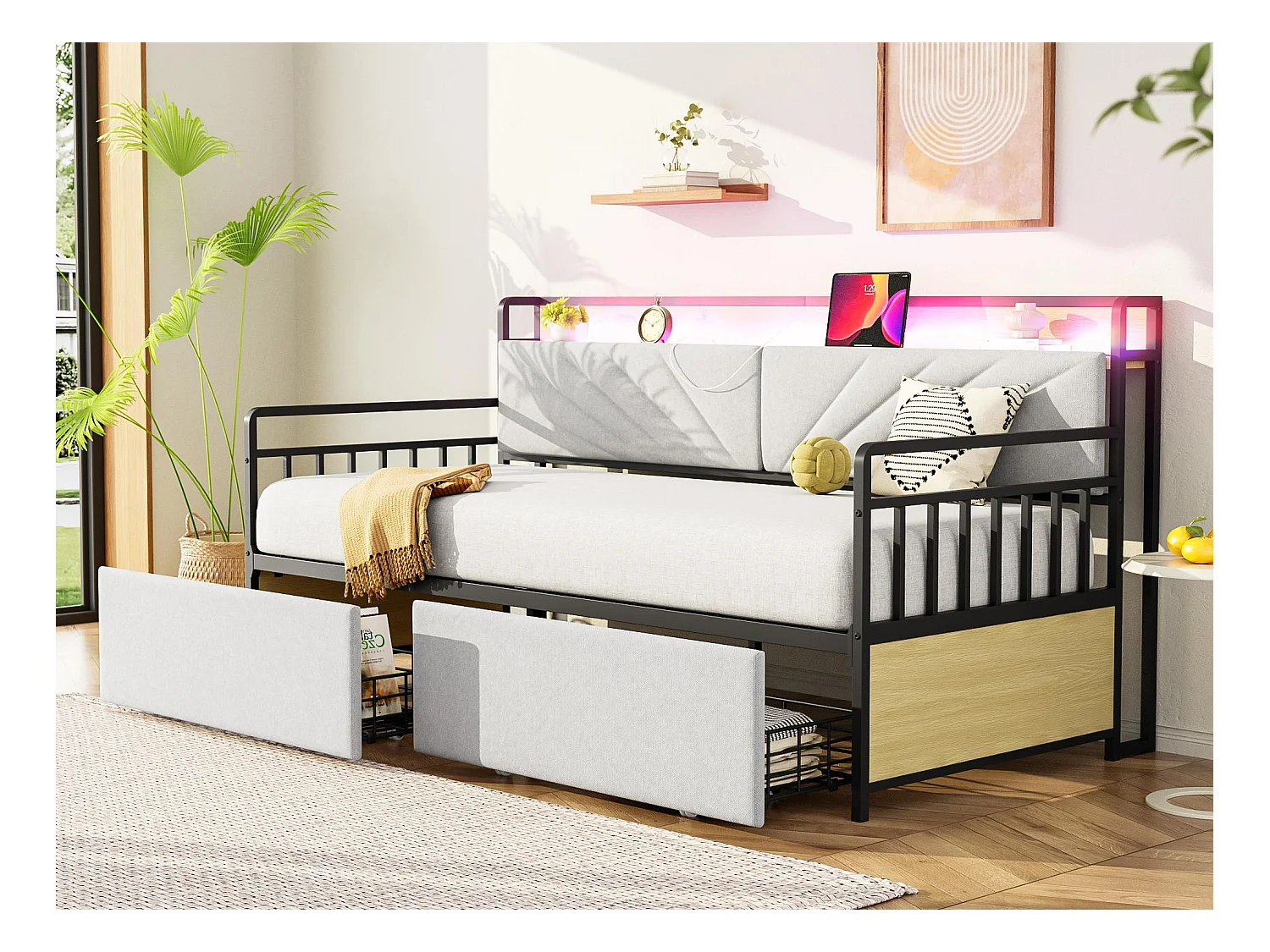 Canapé-lit en fer forgé 90x200 cm - avec LED - avec 2 tiroirs + prise multifonction - beige (sans matelas)