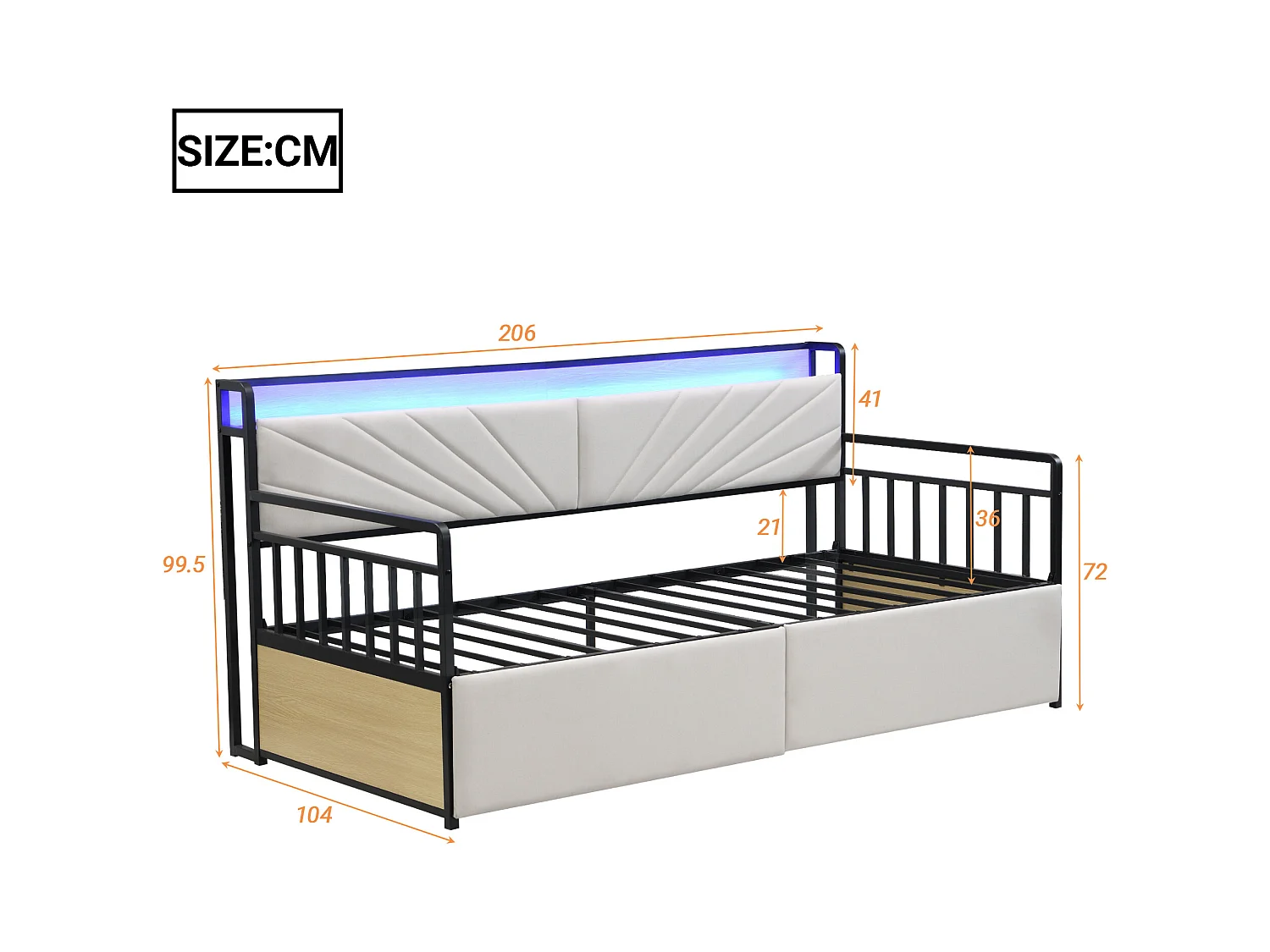 Canapé-lit en fer forgé 90x200 cm - avec LED - avec 2 tiroirs + prise multifonction - beige (sans matelas)