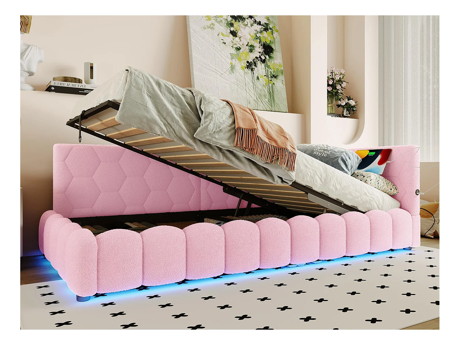 Canapé-lit coffre 90x200 cm - avec éclairage LED - avec USB + Type-C - rose (sans matelas)