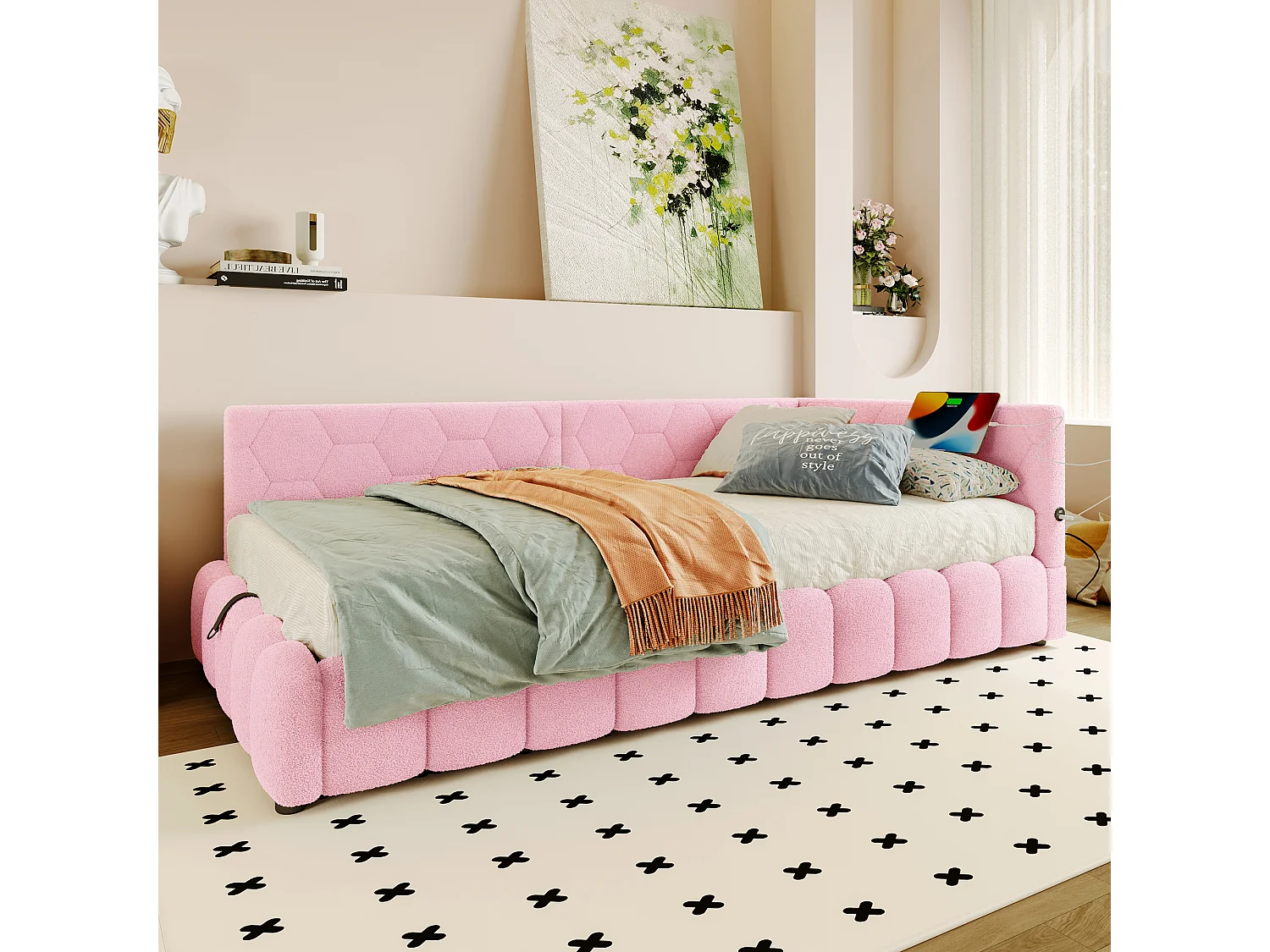 Sofá-cama com baú 90x200 cm - com iluminação LED - com USB + Type-C - rosa (sem colchão)