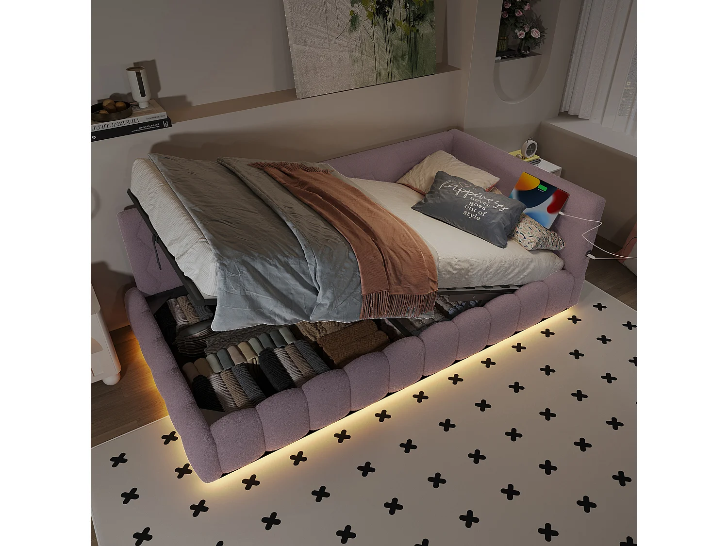 Sofá-cama com baú 90x200 cm - com iluminação LED - com USB + Type-C - rosa (sem colchão)