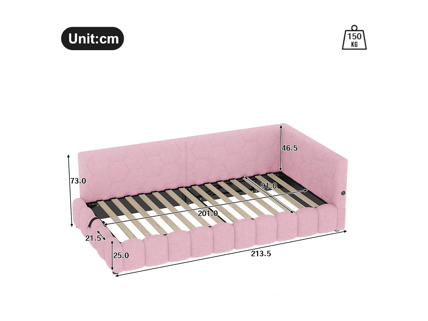 Sofá-cama com baú 90x200 cm - com iluminação LED - com USB + Type-C - rosa (sem colchão)