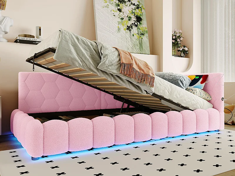 Sofá-cama com baú 90x200 cm - com iluminação LED - com USB + Type-C - rosa (sem colchão)