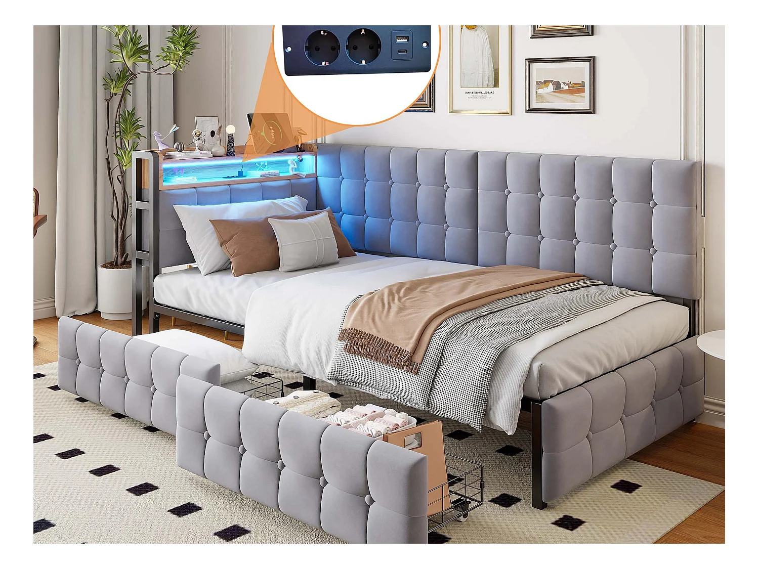 Canapé-lit rembourré 90 x 200 cm - avec 2 tiroirs - avec éclairage LED - avec ports USB et Type-C - gris clair (sans matelas)