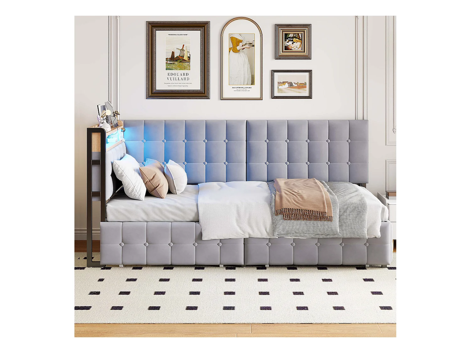 Canapé-lit rembourré 90 x 200 cm - avec 2 tiroirs - avec éclairage LED - avec ports USB et Type-C - gris clair (sans matelas)