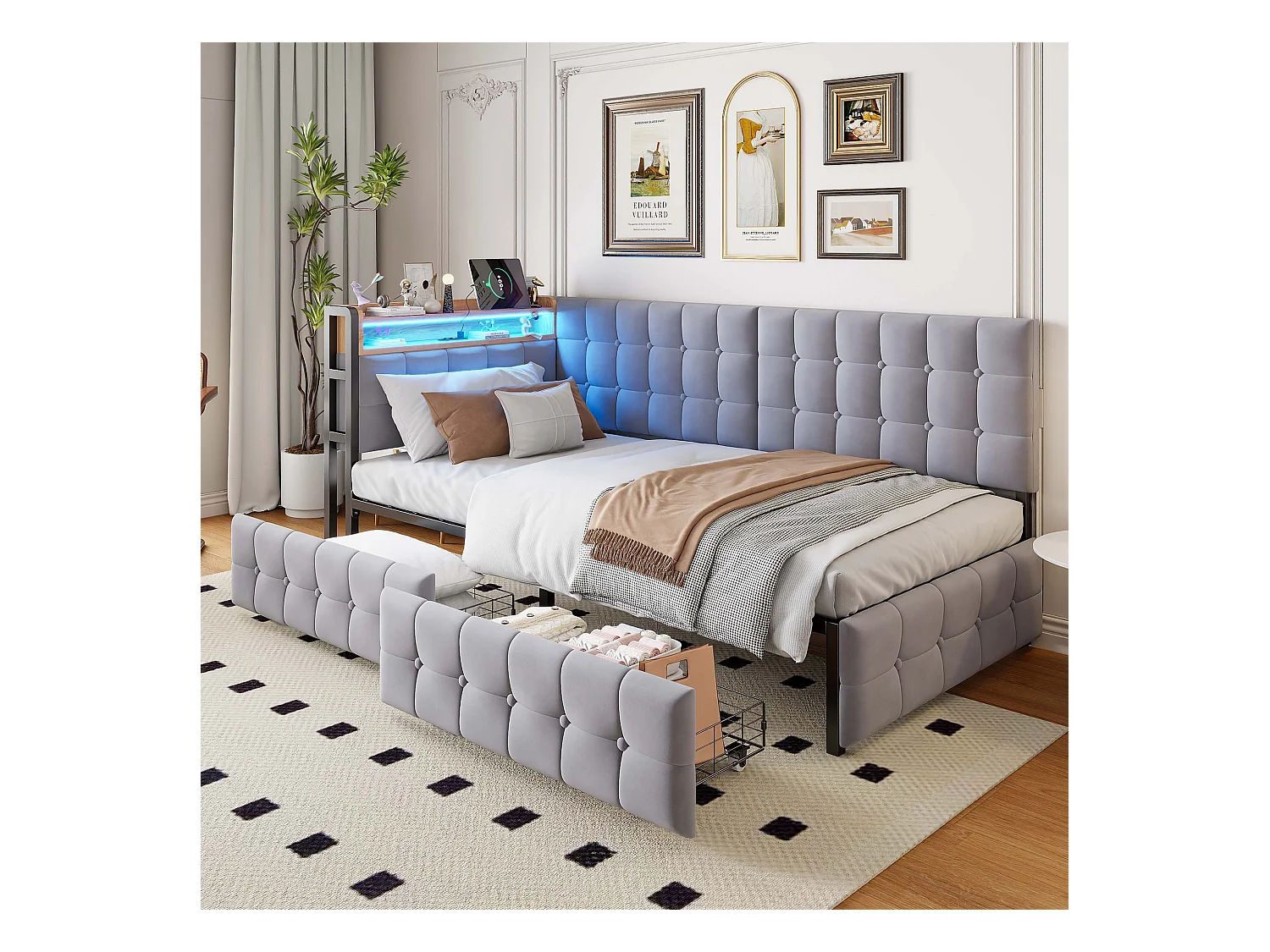 Canapé-lit rembourré 90 x 200 cm - avec 2 tiroirs - avec éclairage LED - avec ports USB et Type-C - gris clair (sans matelas)