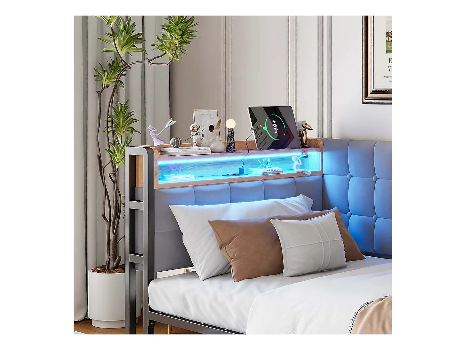 Canapé-lit rembourré 90 x 200 cm - avec 2 tiroirs - avec éclairage LED - avec ports USB et Type-C - gris clair (sans matelas)