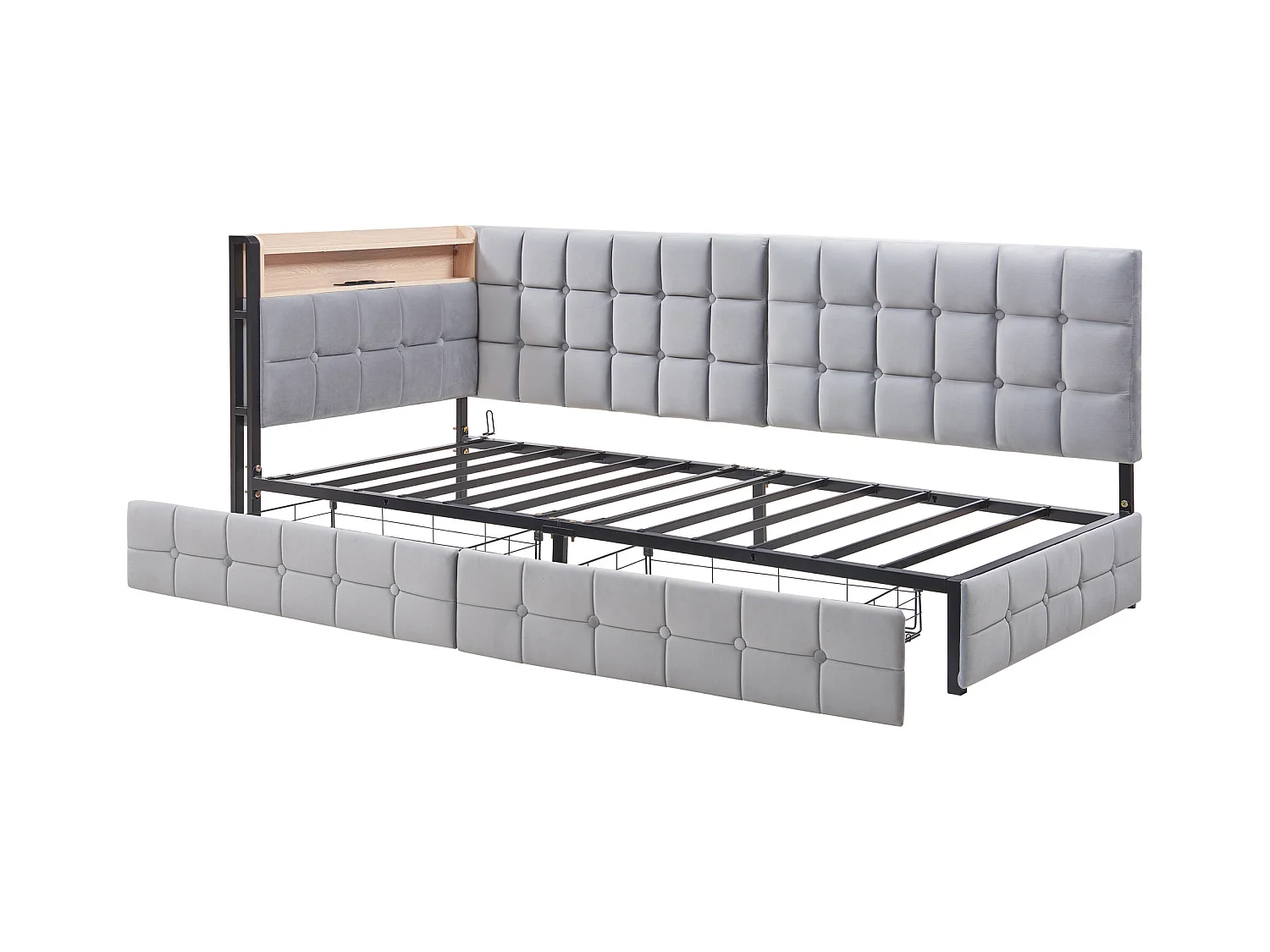 Canapé-lit rembourré 90 x 200 cm - avec 2 tiroirs - avec éclairage LED - avec ports USB et Type-C - gris clair (sans matelas)