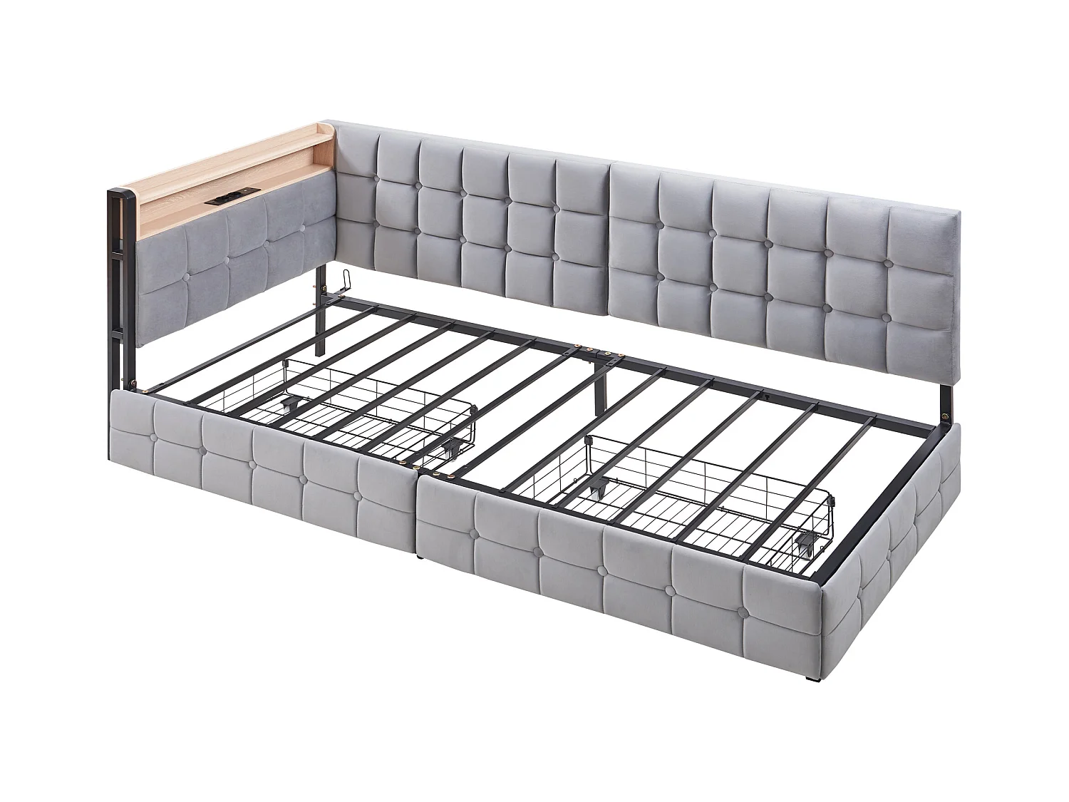 Canapé-lit rembourré 90 x 200 cm - avec 2 tiroirs - avec éclairage LED - avec ports USB et Type-C - gris clair (sans matelas)