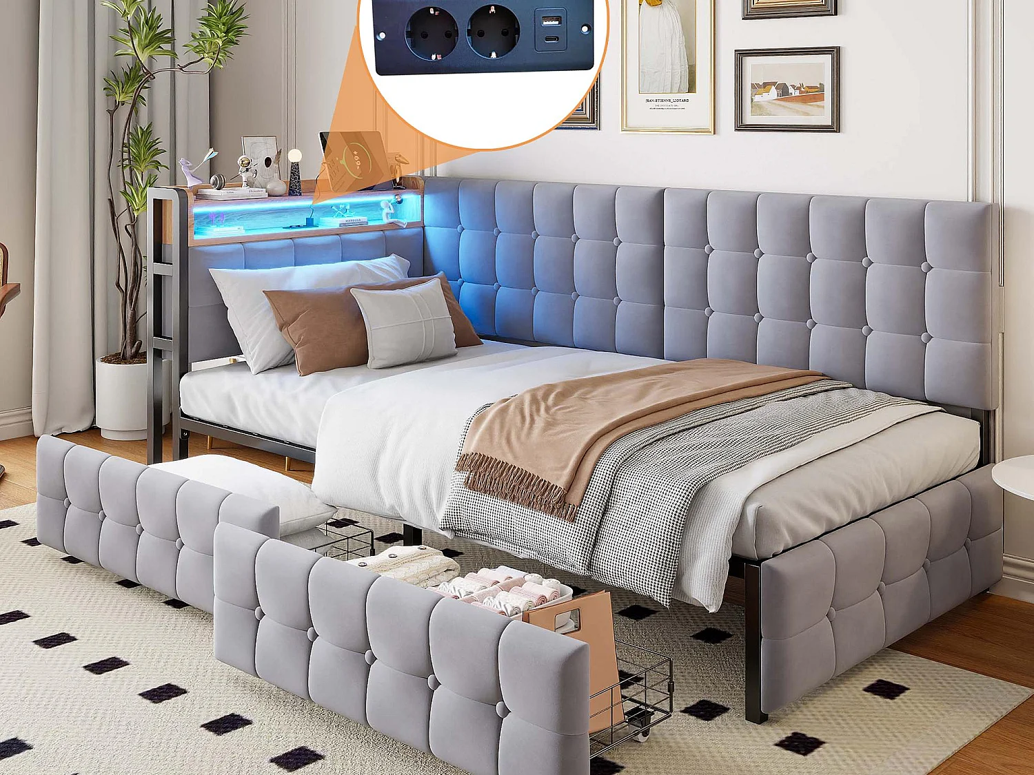 Sofá cama acolchado 90 x 200 cm - con 2 cajones - con iluminación LED - con puertos USB y Type-C - Gris claro (sin colchón)