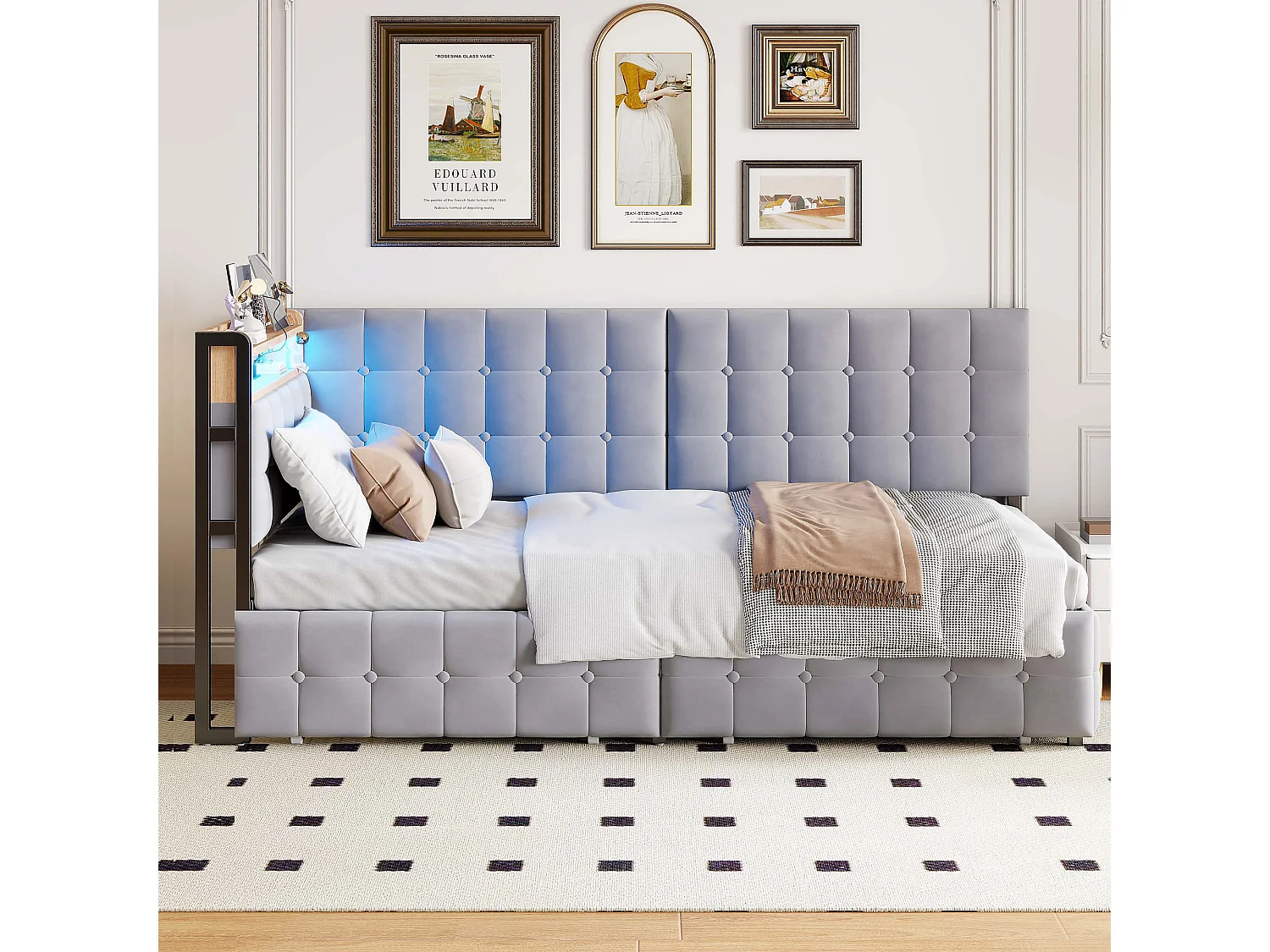 Sofá cama acolchado 90 x 200 cm - con 2 cajones - con iluminación LED - con puertos USB y Type-C - Gris claro (sin colchón)