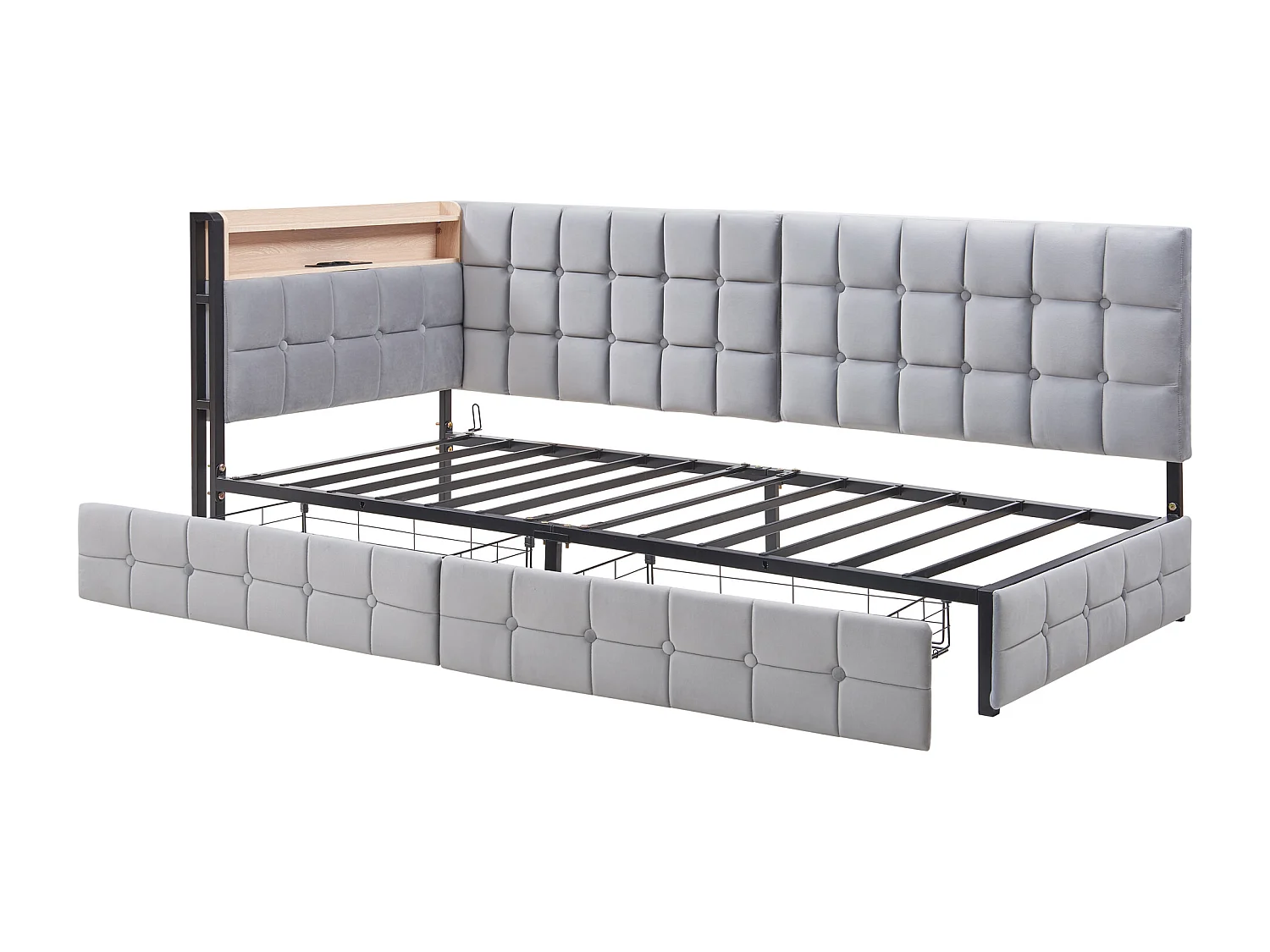 Sofá cama acolchado 90 x 200 cm - con 2 cajones - con iluminación LED - con puertos USB y Type-C - Gris claro (sin colchón)