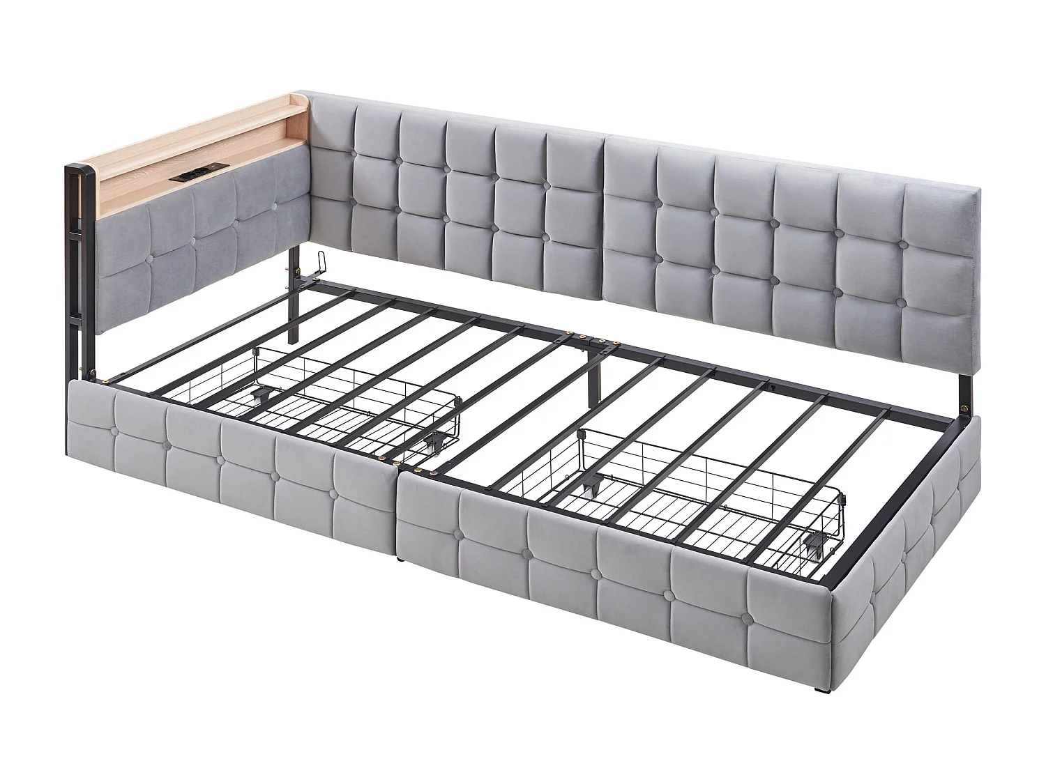 Sofá cama acolchado 90 x 200 cm - con 2 cajones - con iluminación LED - con puertos USB y Type-C - Gris claro (sin colchón)