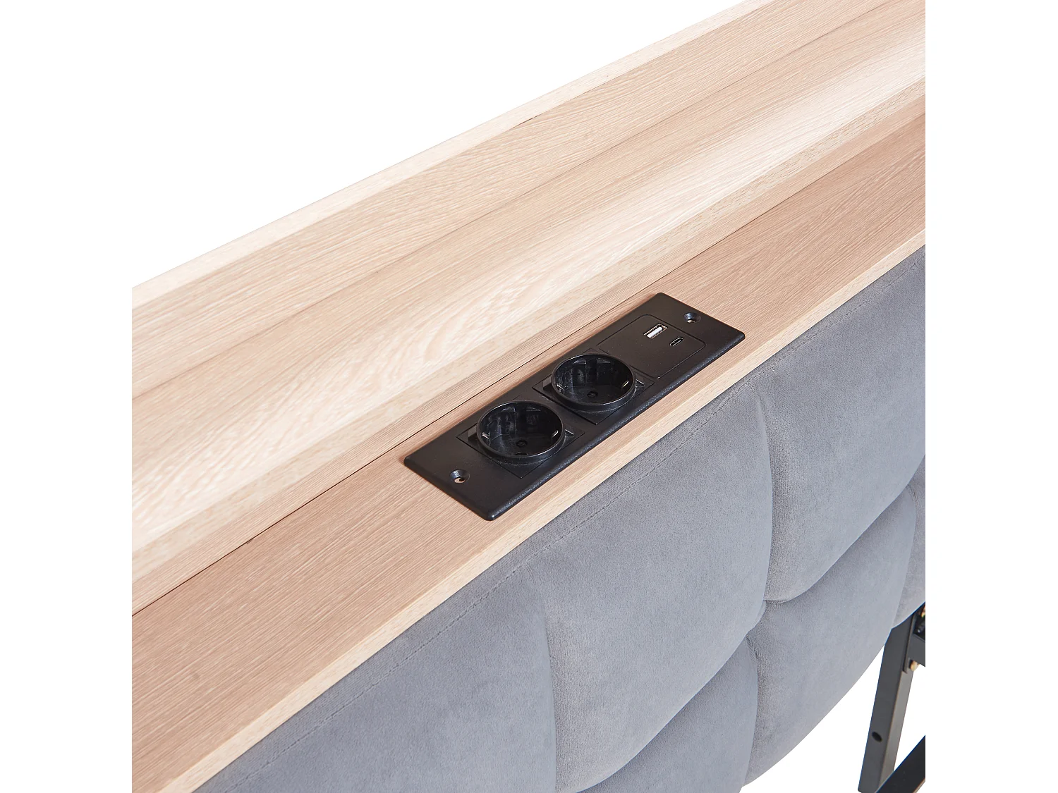 Sofá cama acolchado 90 x 200 cm - con 2 cajones - con iluminación LED - con puertos USB y Type-C - Gris claro (sin colchón)