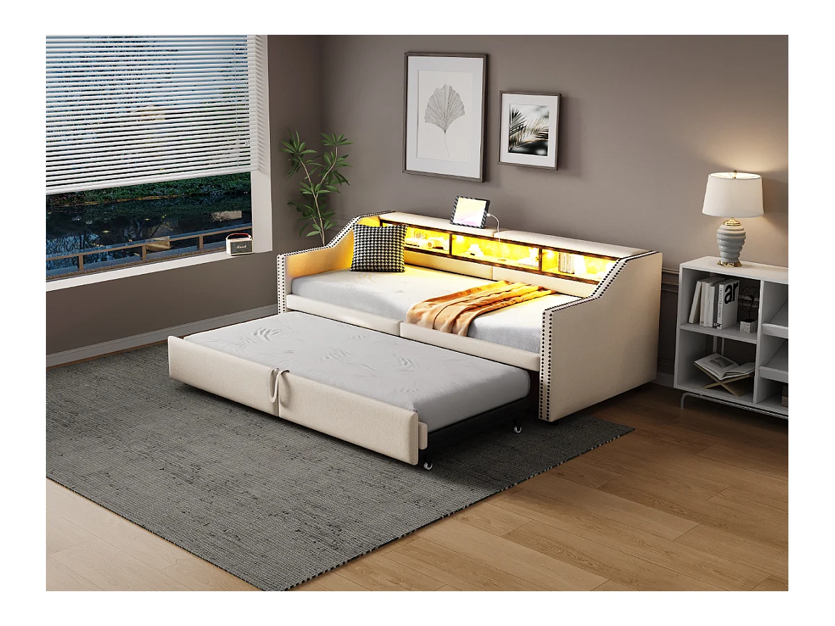 Wypasiona kanapa rozkładana 90/180×200 cm - ze schowkiem - z oświetleniem LED + portem USB - beżowy