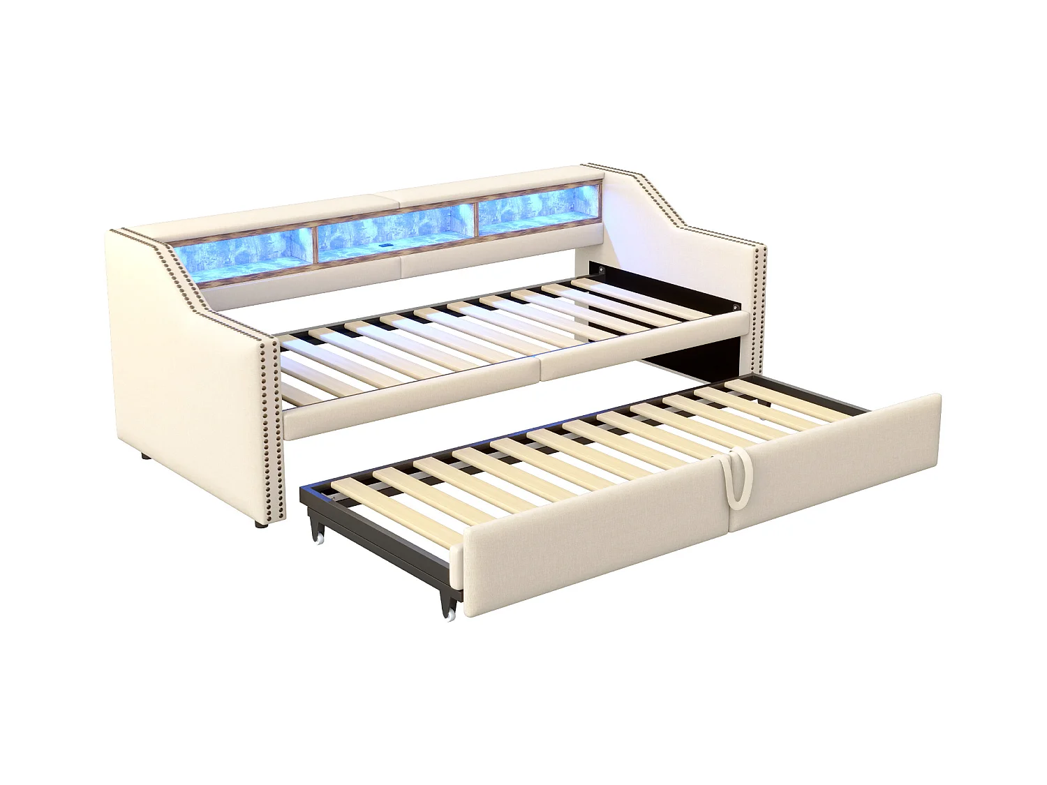 Wypasiona kanapa rozkładana 90/180×200 cm - ze schowkiem - z oświetleniem LED + portem USB - beżowy