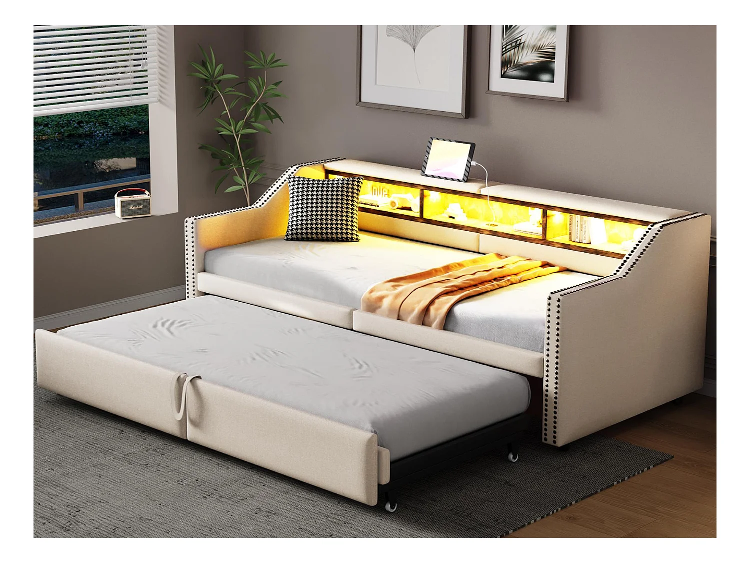 Canapé-lit rembourré 90/180x200 cm - avec compartiment de rangement - avec LED + port USB - beige