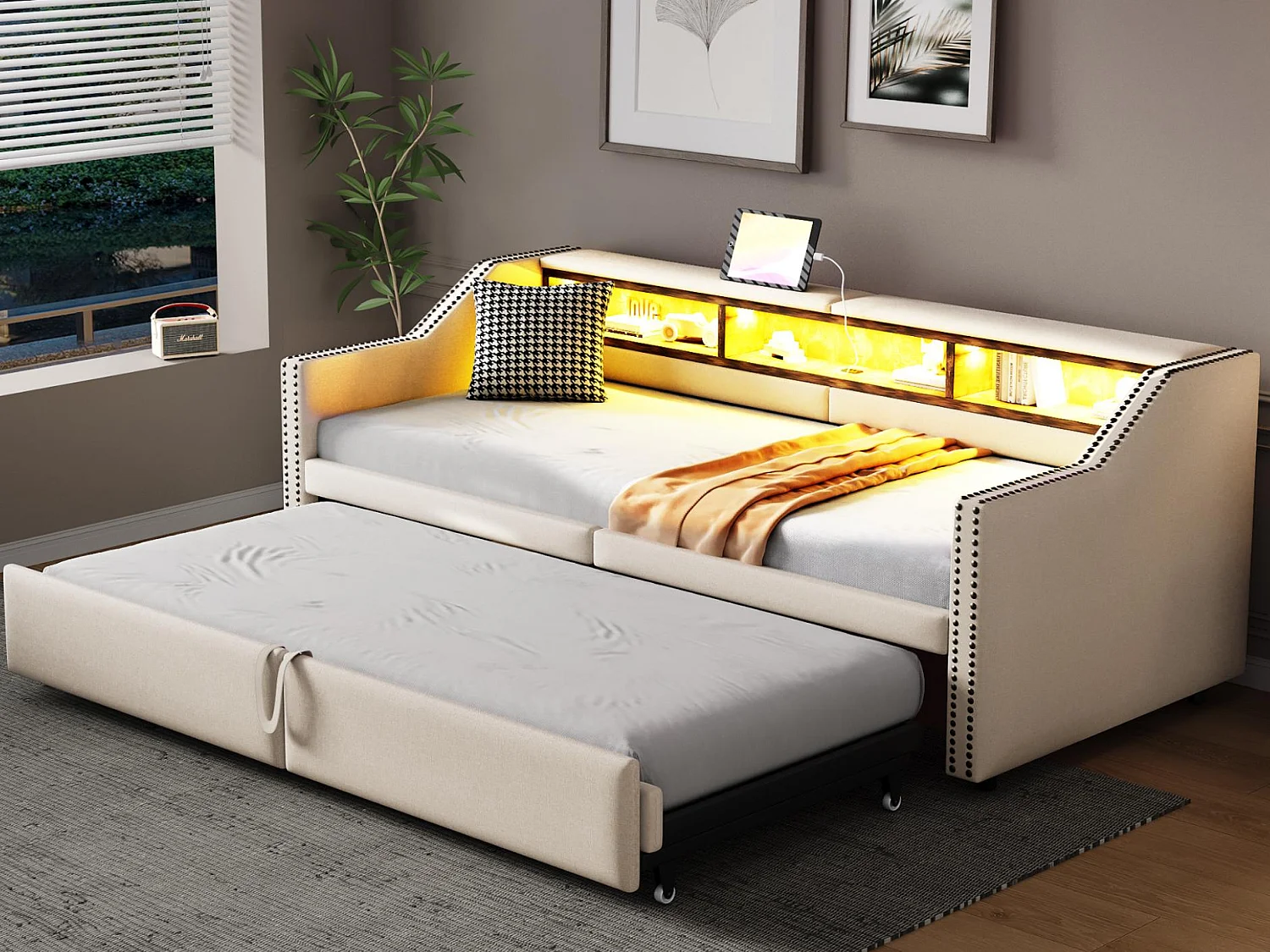 Divano Letto Imbottito In Velluto – 90/180 X 190 Cm Con Braccioli Portaoggetti E Porte USB – Struttura In Metallo, Doghe Incluse – Colore Beige
