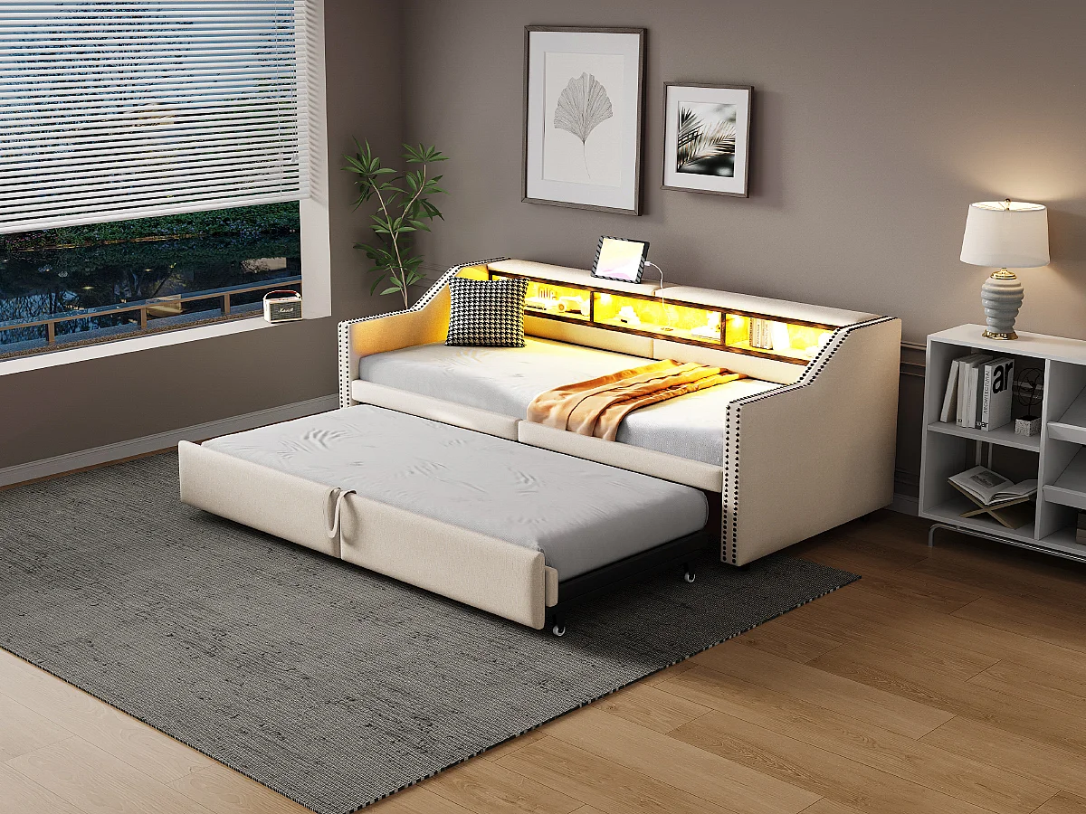 Wypasiona kanapa rozkładana 90/180×200 cm - ze schowkiem - z oświetleniem LED + portem USB - beżowy