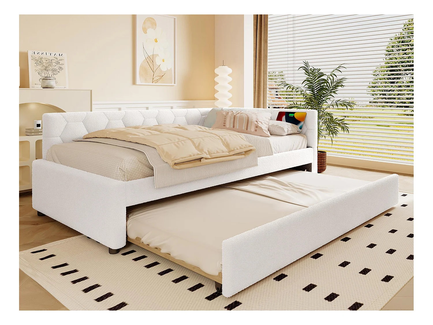 Canapé-lit 90x200 cm - avec lit gigogne - avec port USB + Type-C - blanc (sans matelas)