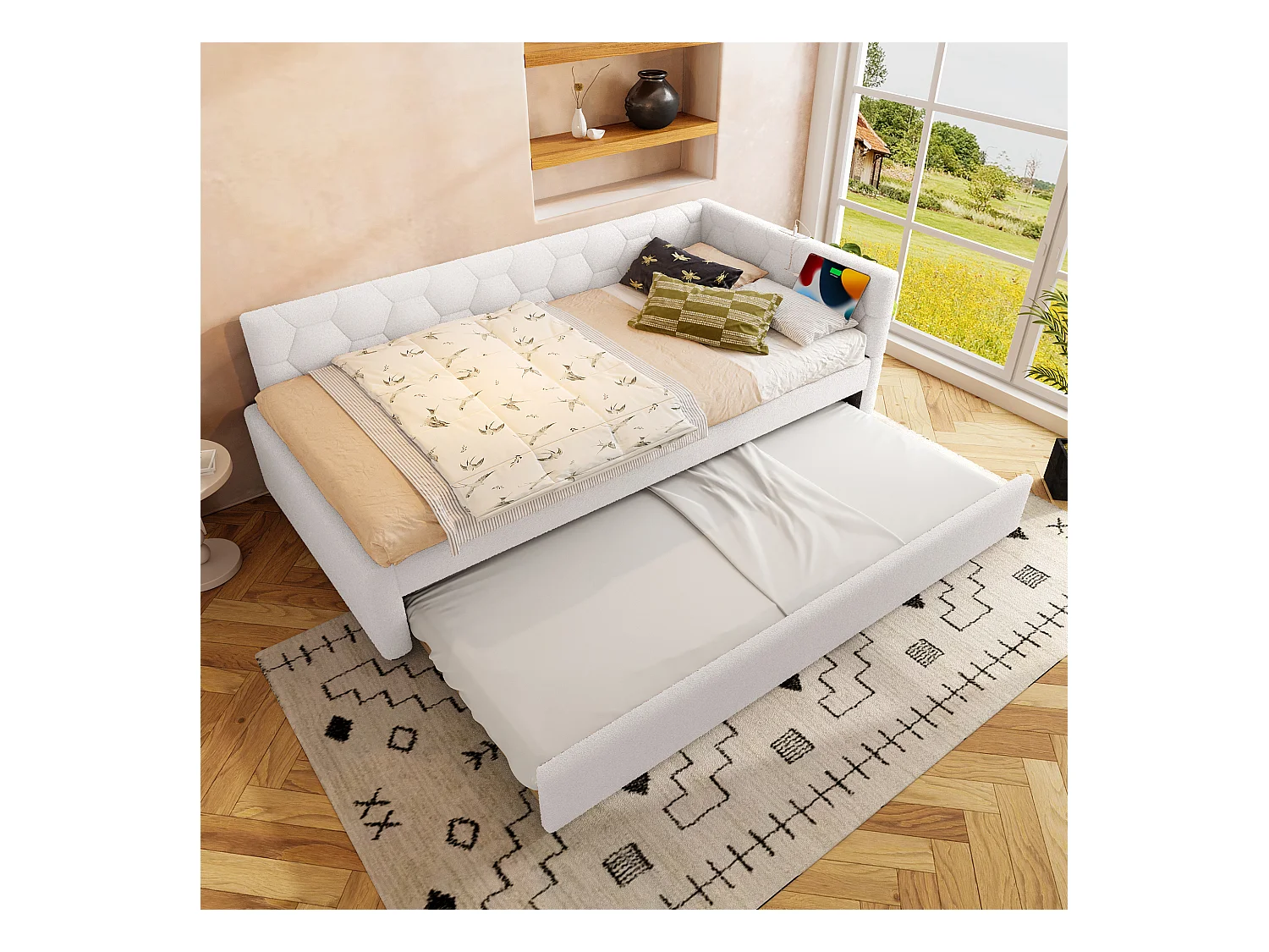 Canapé-lit 90x200 cm - avec lit gigogne - avec port USB + Type-C - blanc (sans matelas)