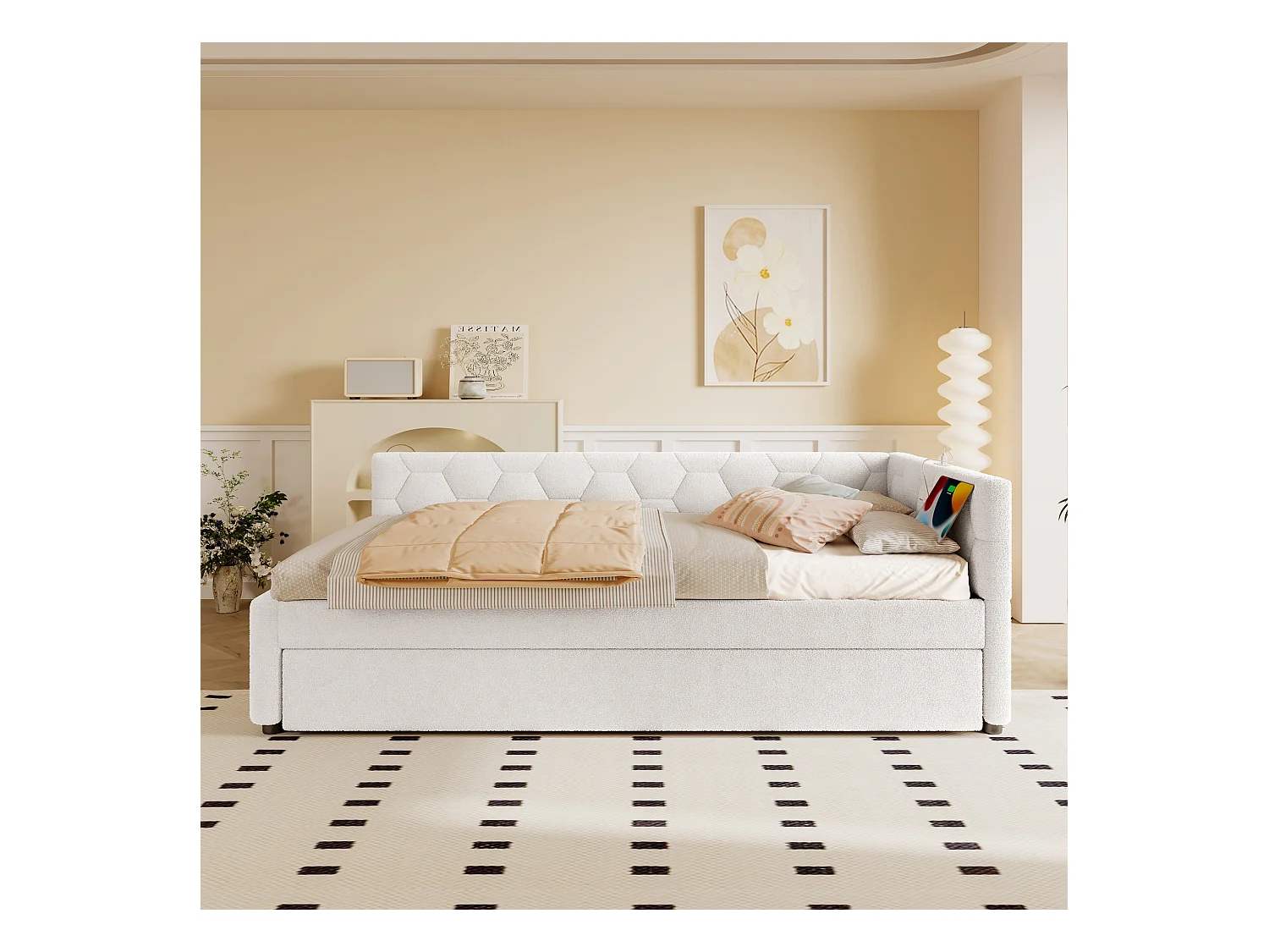 Canapé-lit 90x200 cm - avec lit gigogne - avec port USB + Type-C - blanc (sans matelas)